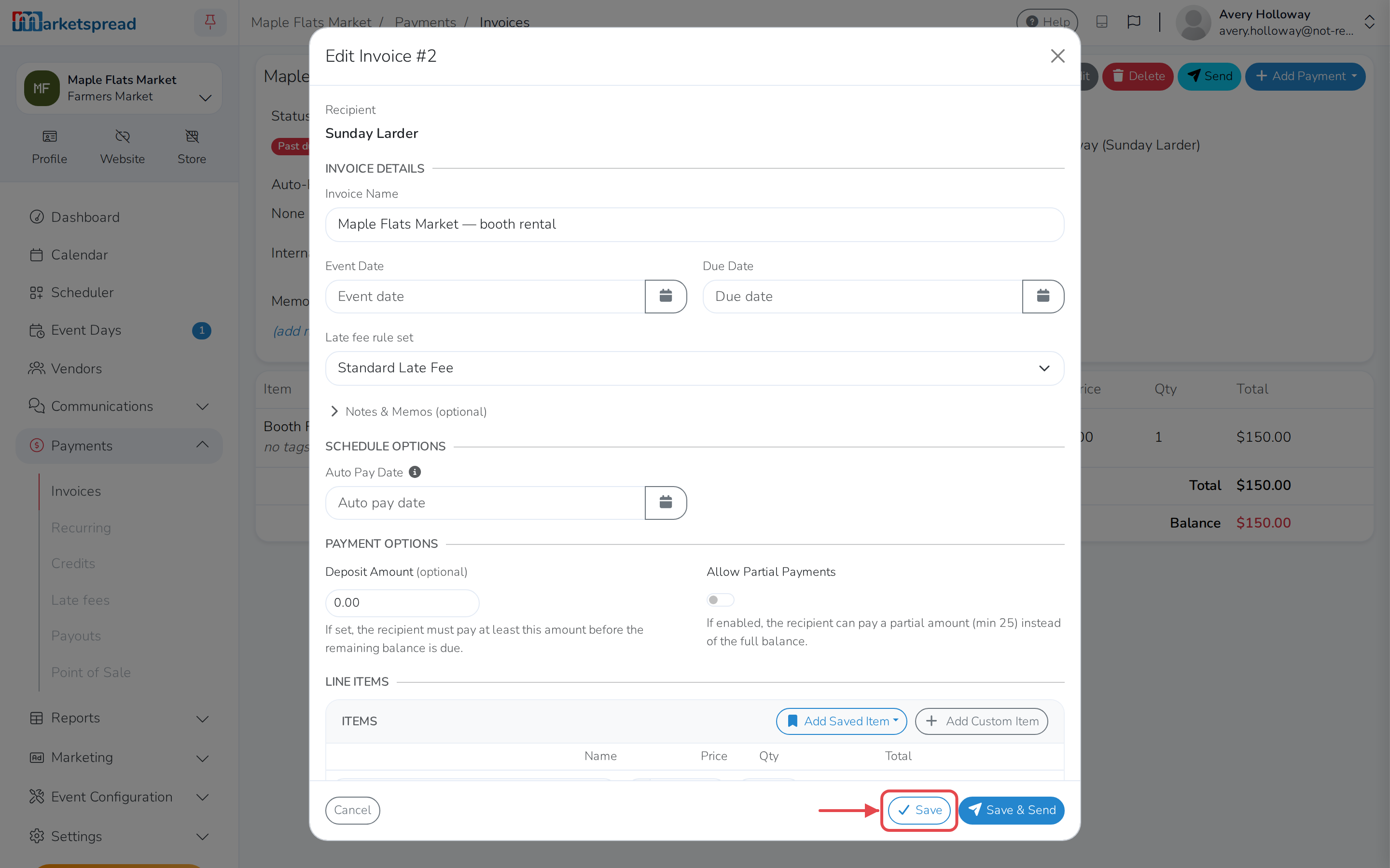 The invoice being edited, with the Late fee rule set chosen and Save ready