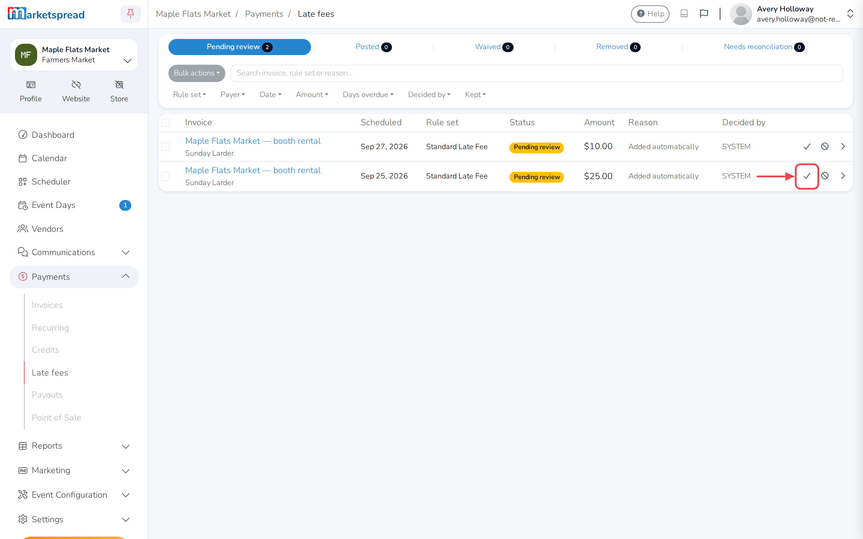 The Pending review tab, with Approve next to the fee