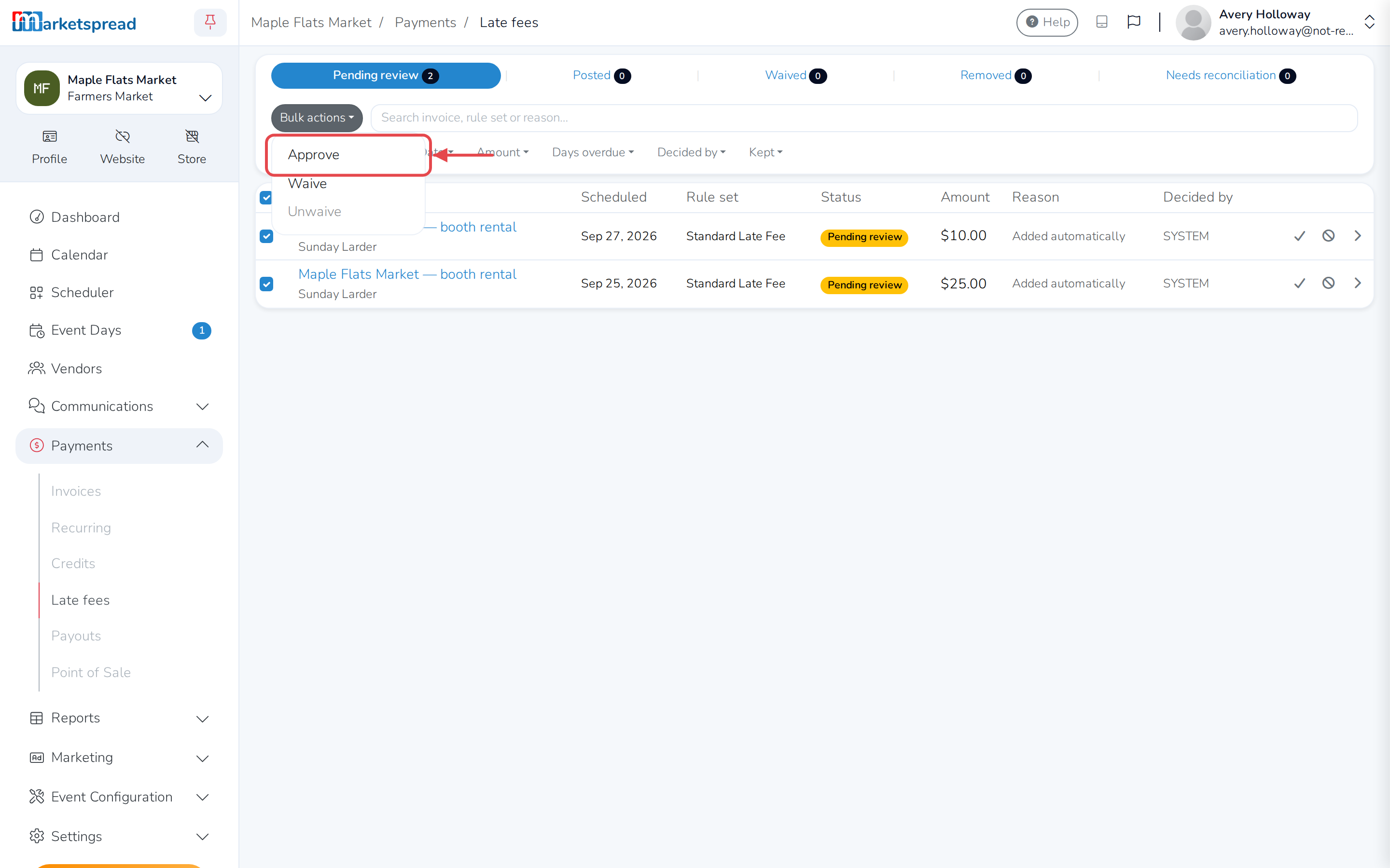 Bulk actions, open to Approve for every checked fee at once