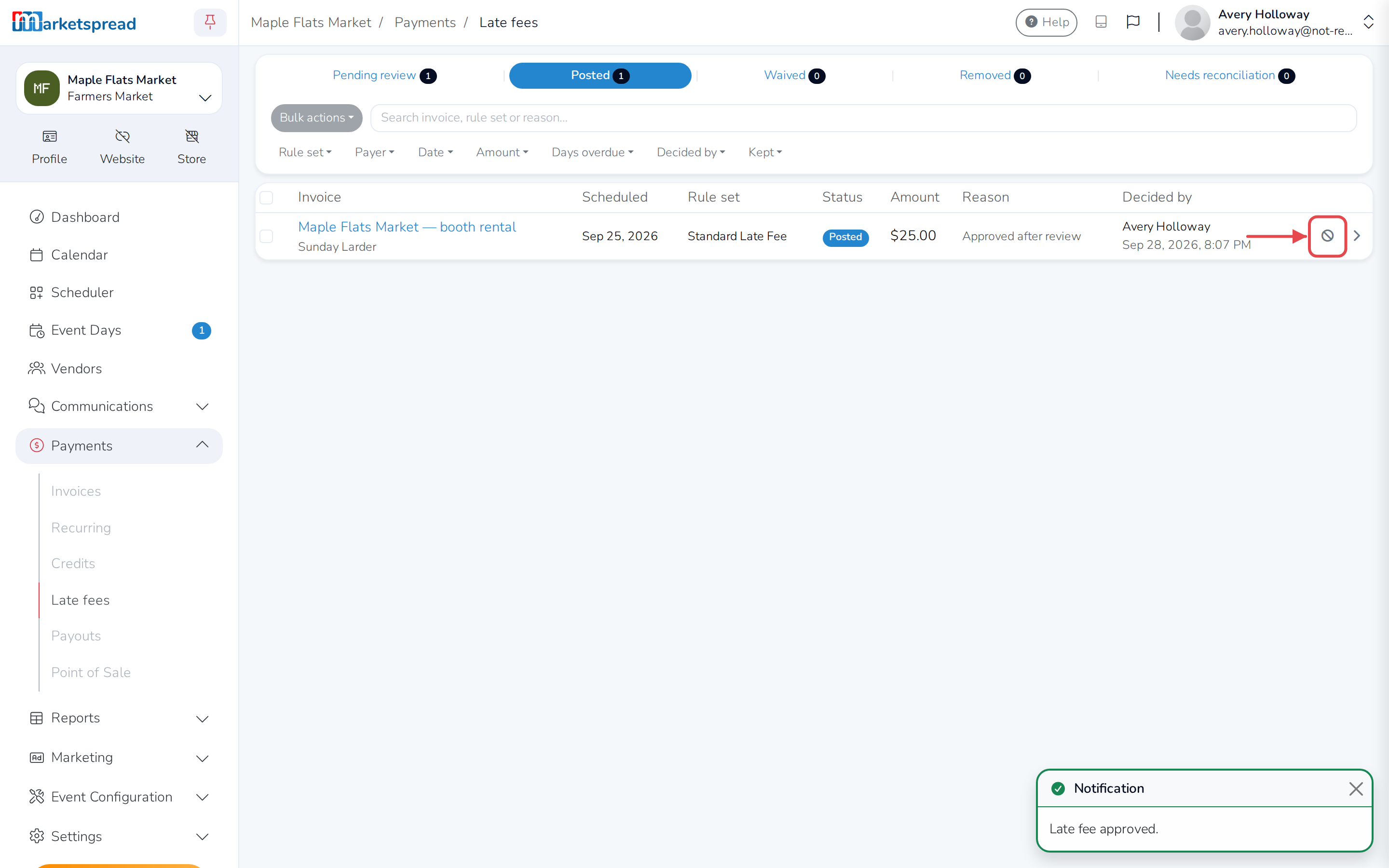The Posted tab, with Waive next to the fee