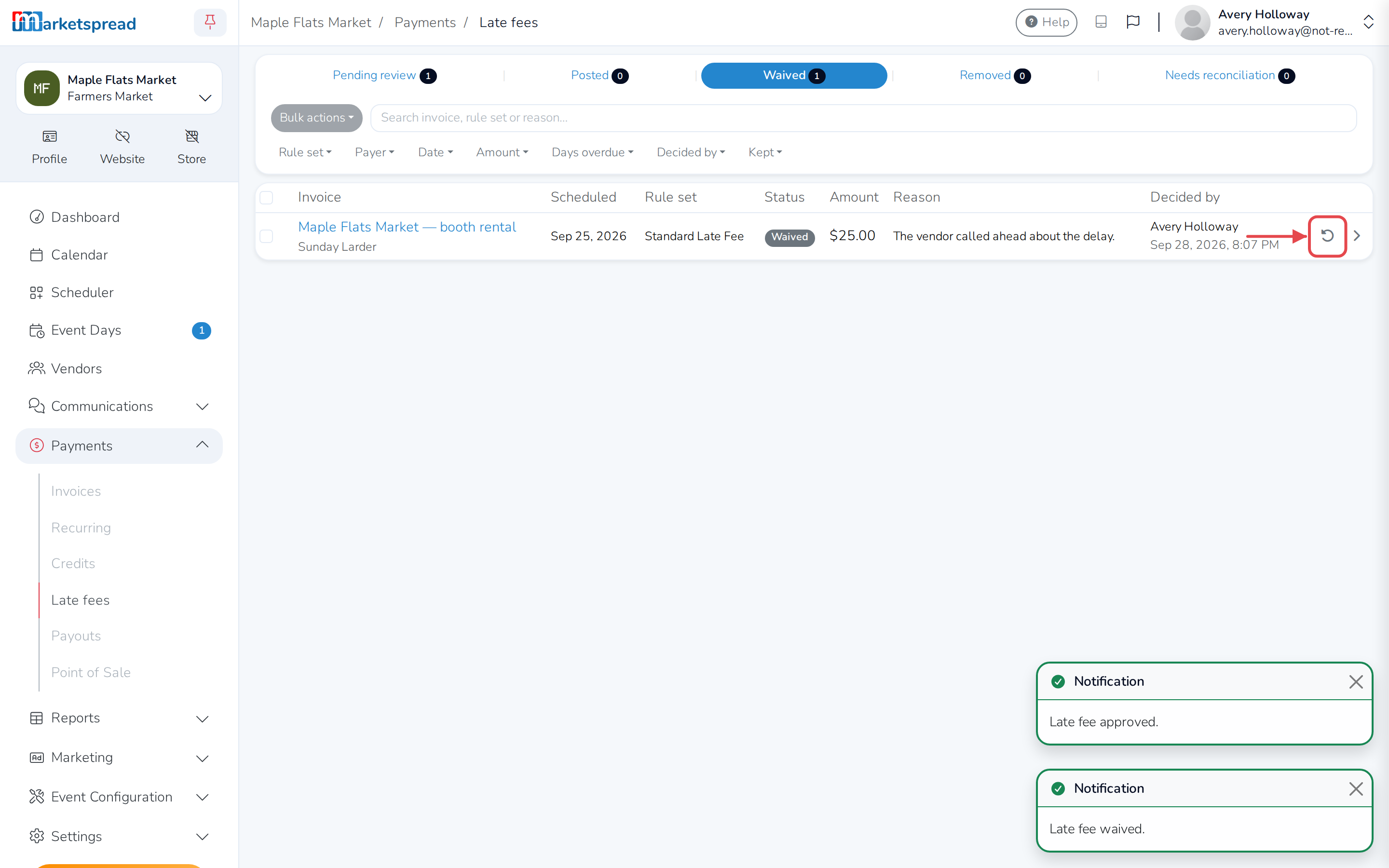The Waived tab, with Unwaive next to the fee