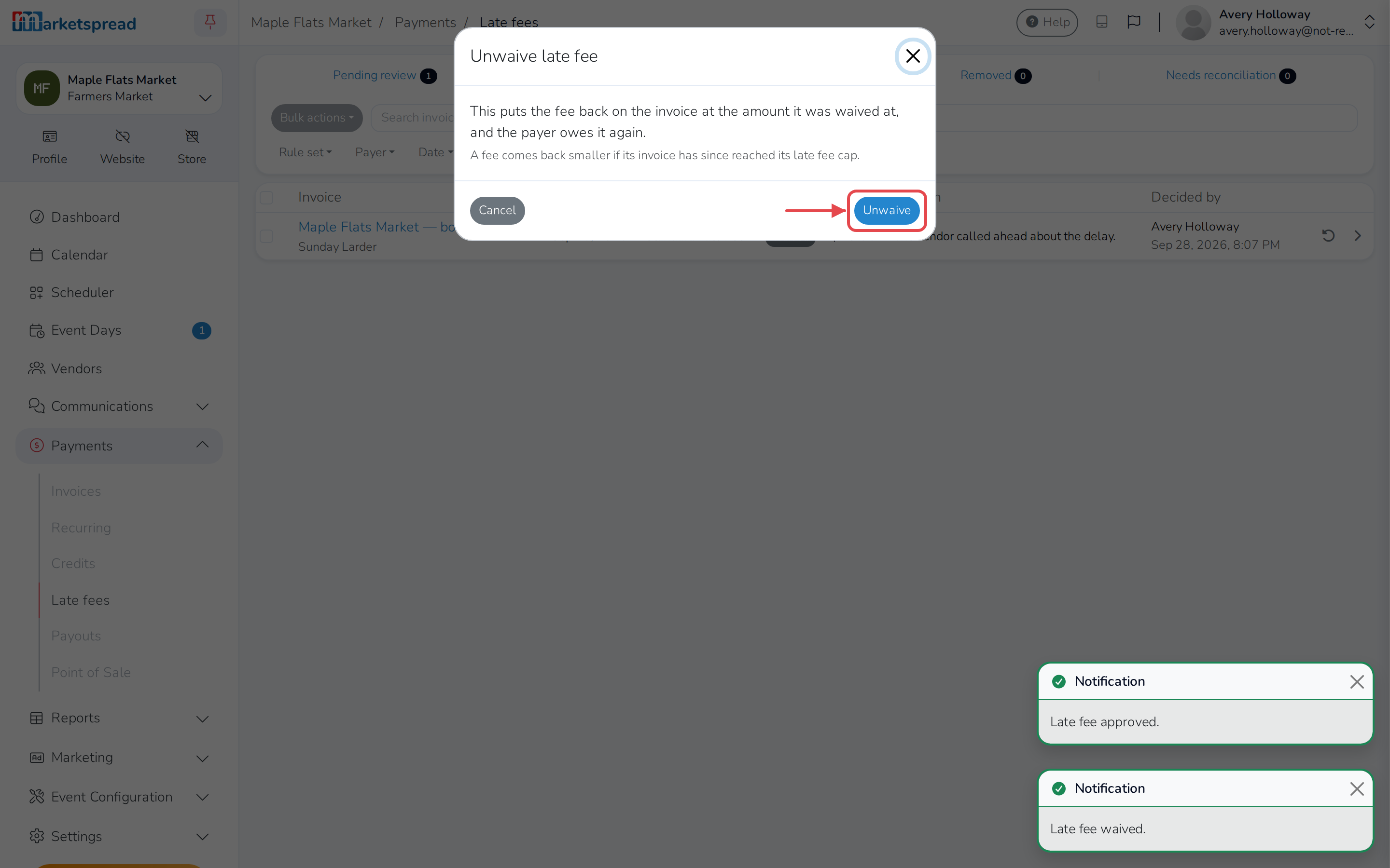 Unwaive late fee, ready to put the fee back on the invoice