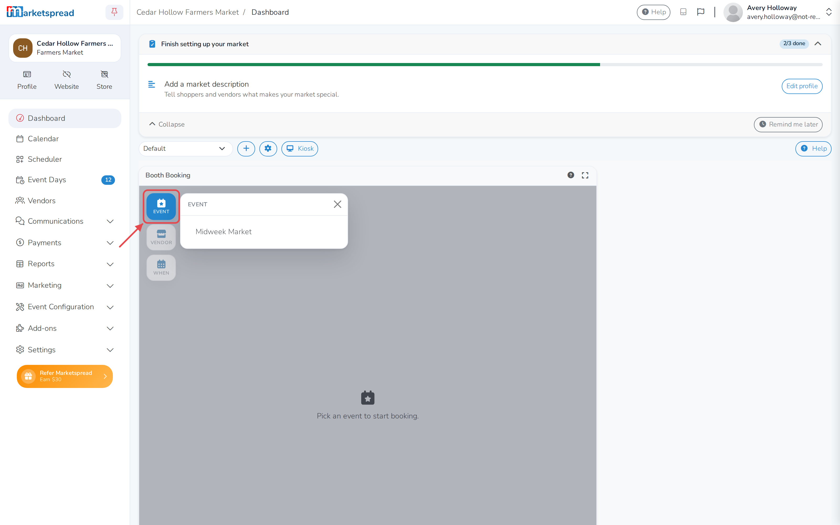 The Booth Booking widget on the dashboard, with Event outlined