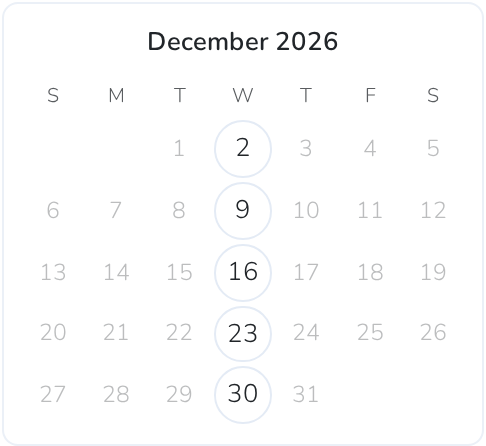 A close-up of a month, each market day shown as a plain circled number