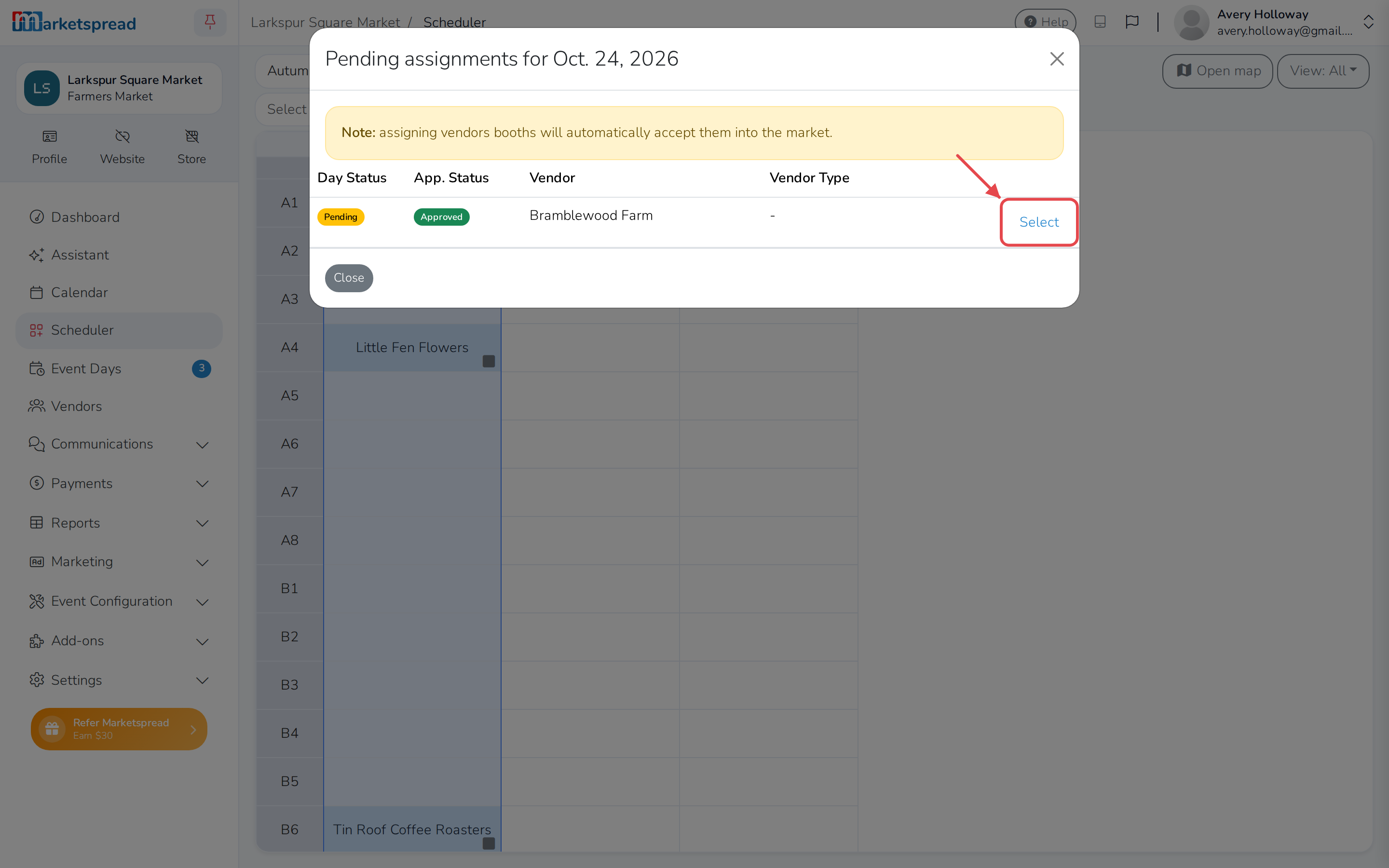 The Pending assignments list, with each vendor's day status and application status