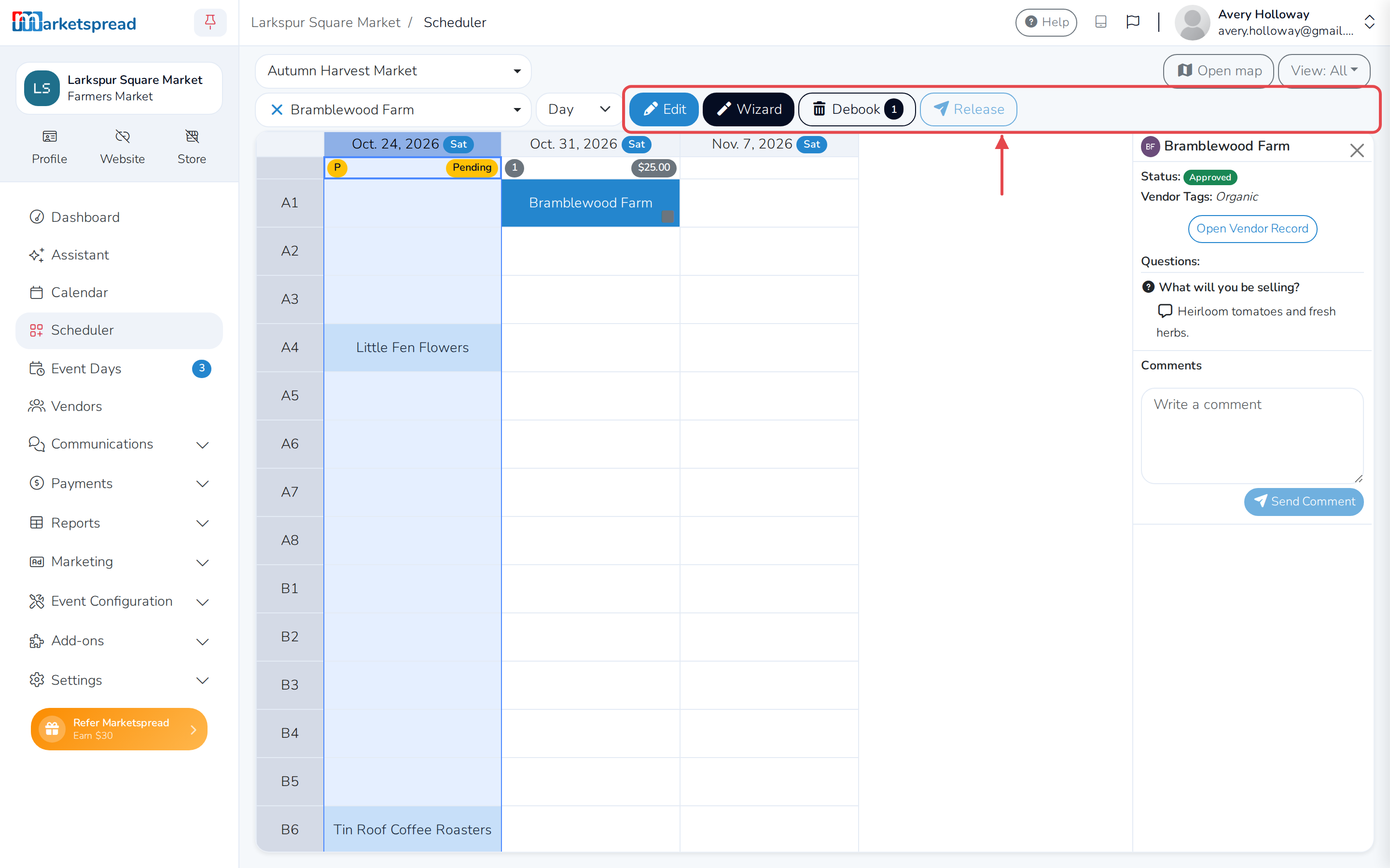 The vendor chosen, with Edit, Wizard, Debook and Release next to their name