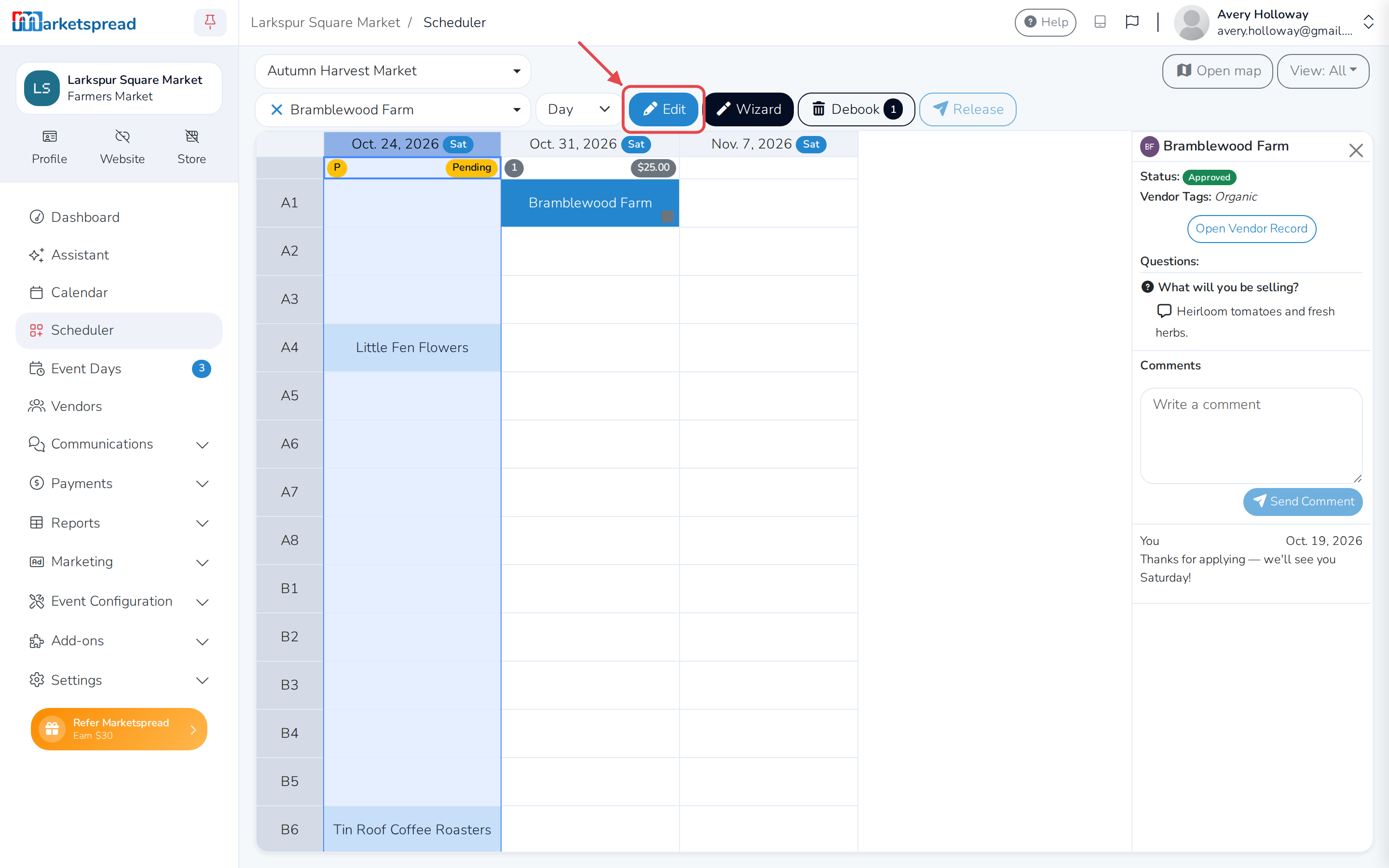 The vendor and term chosen, with Edit ready to start the booking