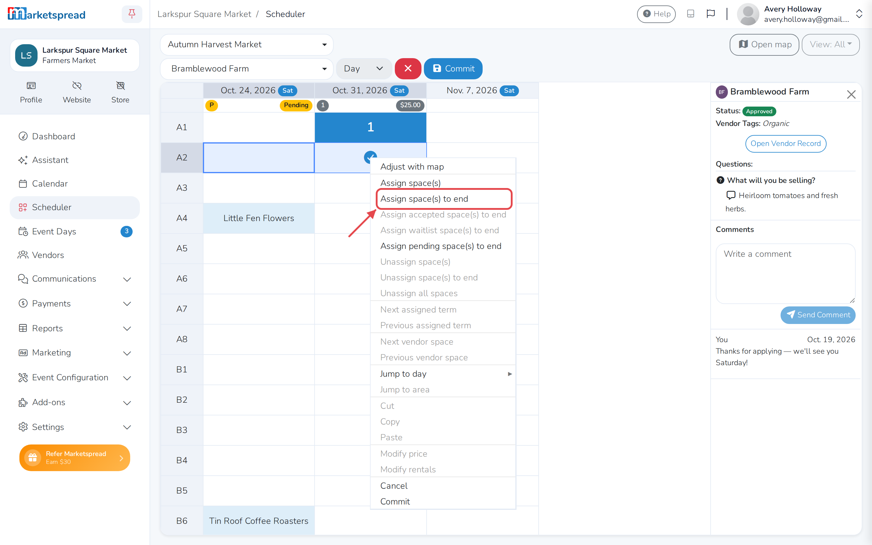 The right-click menu on a selected booth, with Assign space(s) and the "to end" options
