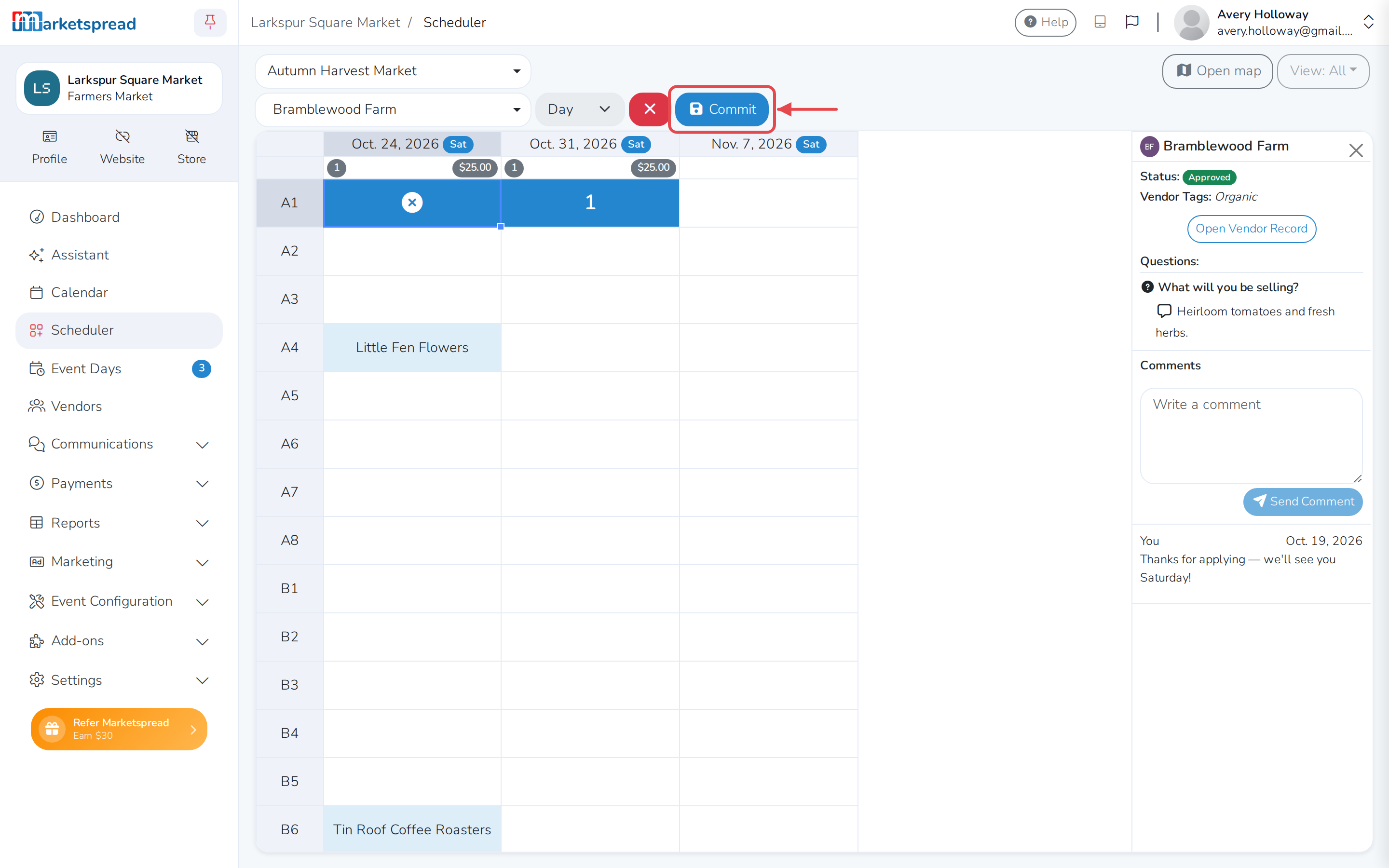 The booth marked blue for booking, with Commit to save it