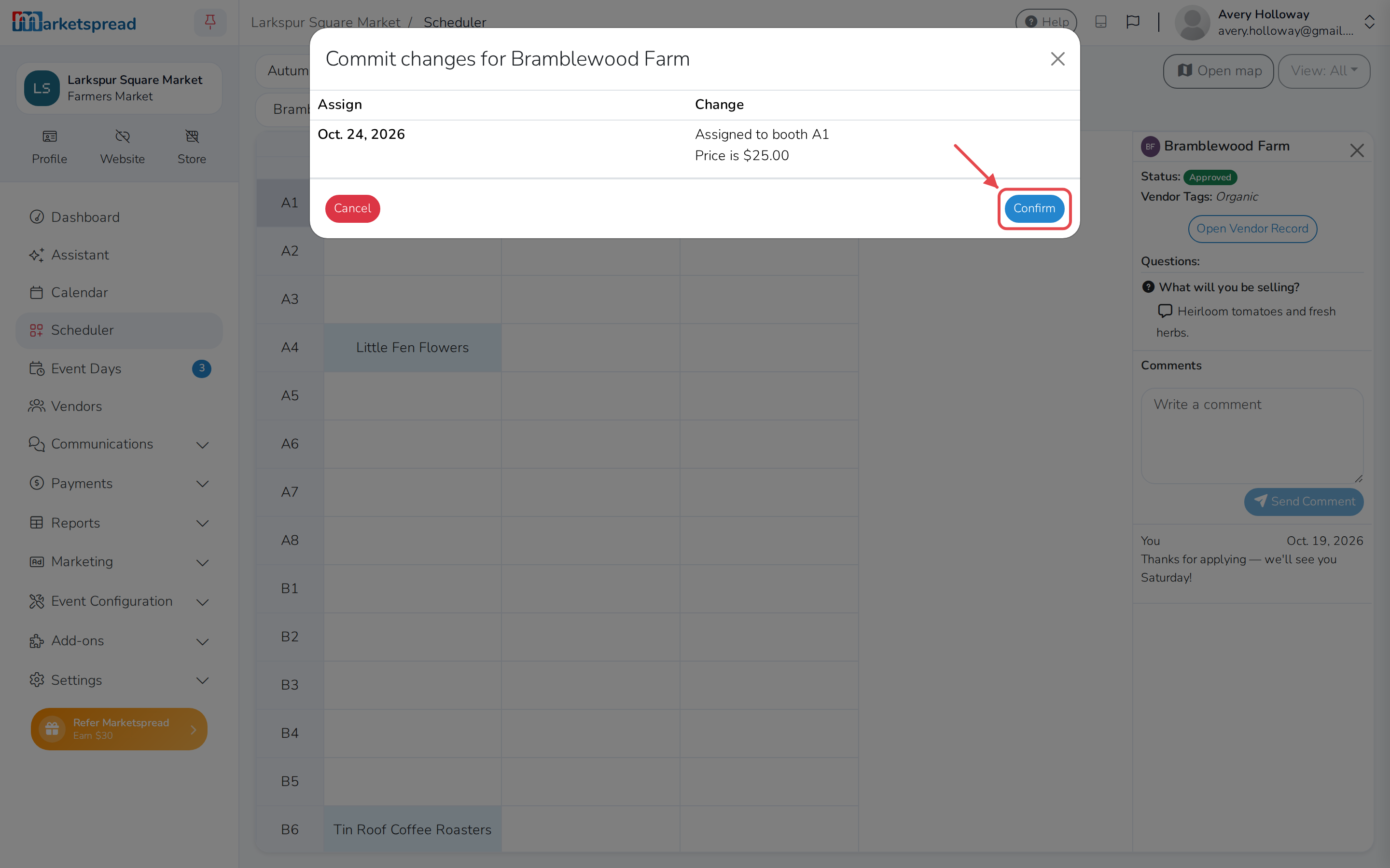 The commit review, with Confirm to book the vendor into the booth