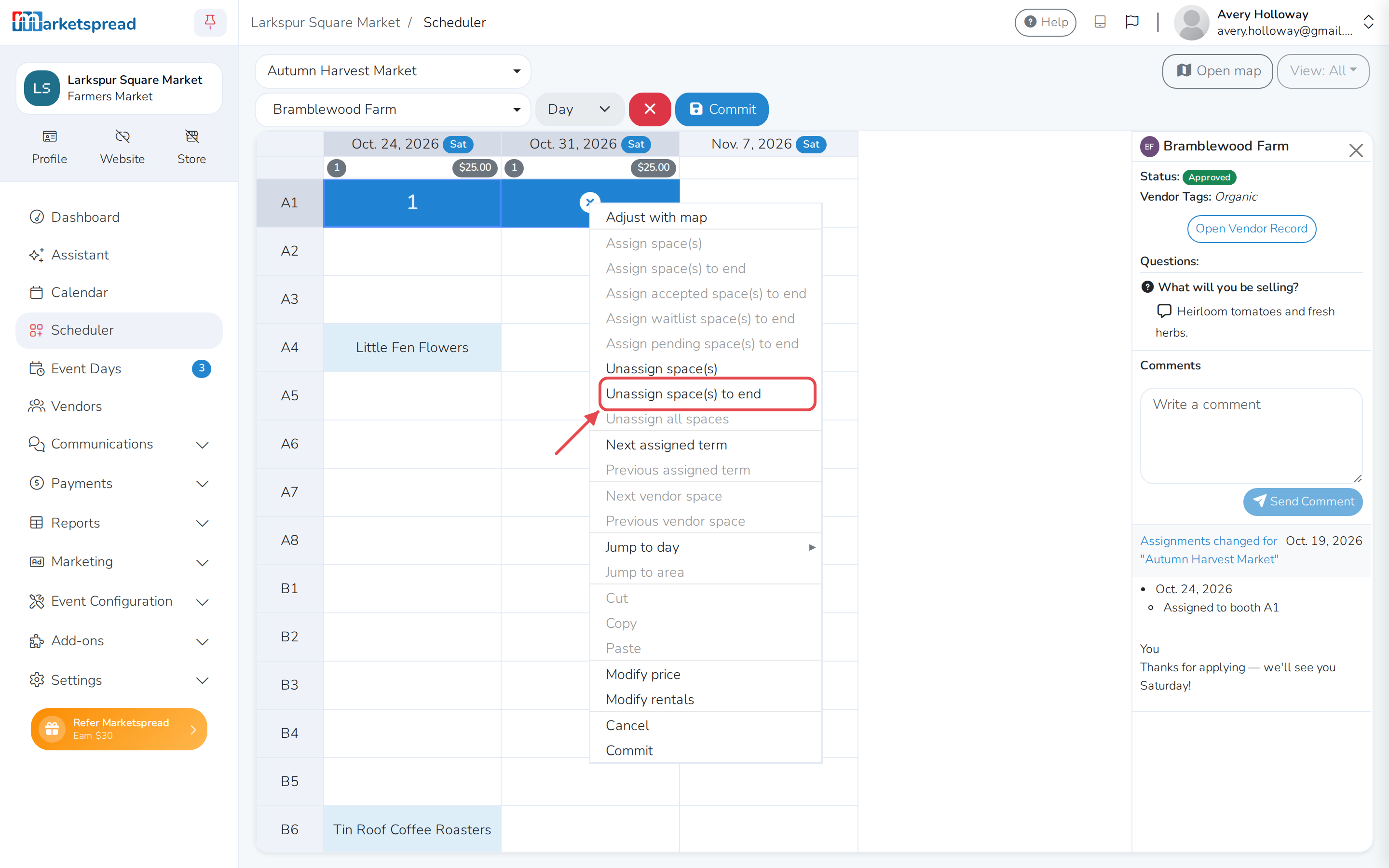 The right-click menu on the booked booth, with Unassign space(s) and the "to end" options