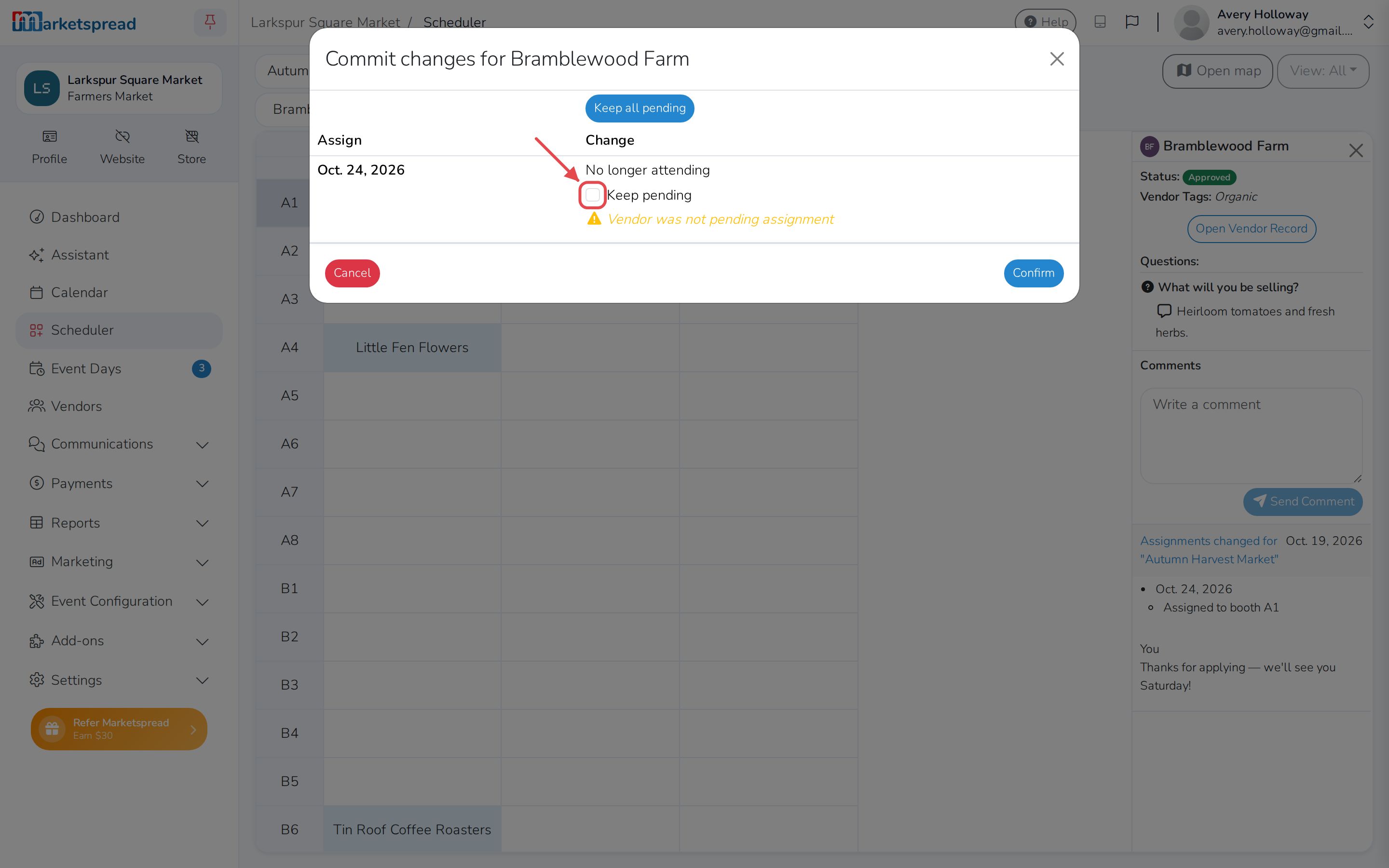 Unassigning with no paid invoice, with Keep pending and Confirm