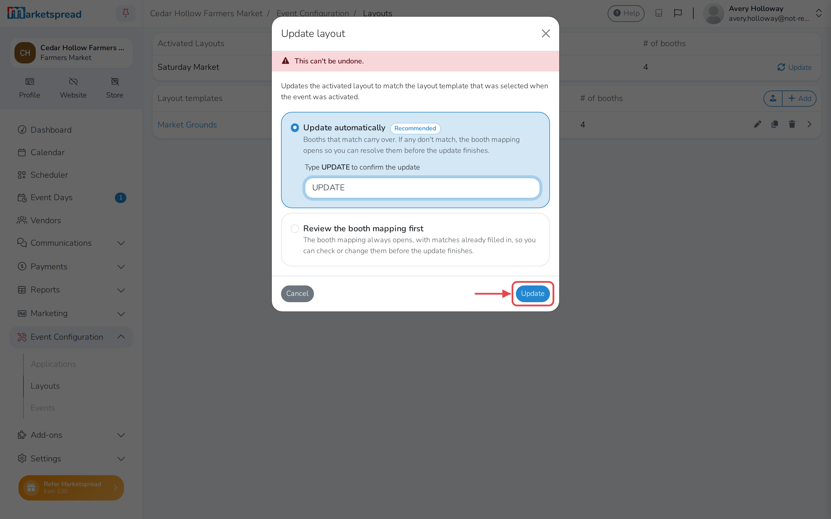The Update layout confirmation, with UPDATE typed in and Update ready to confirm