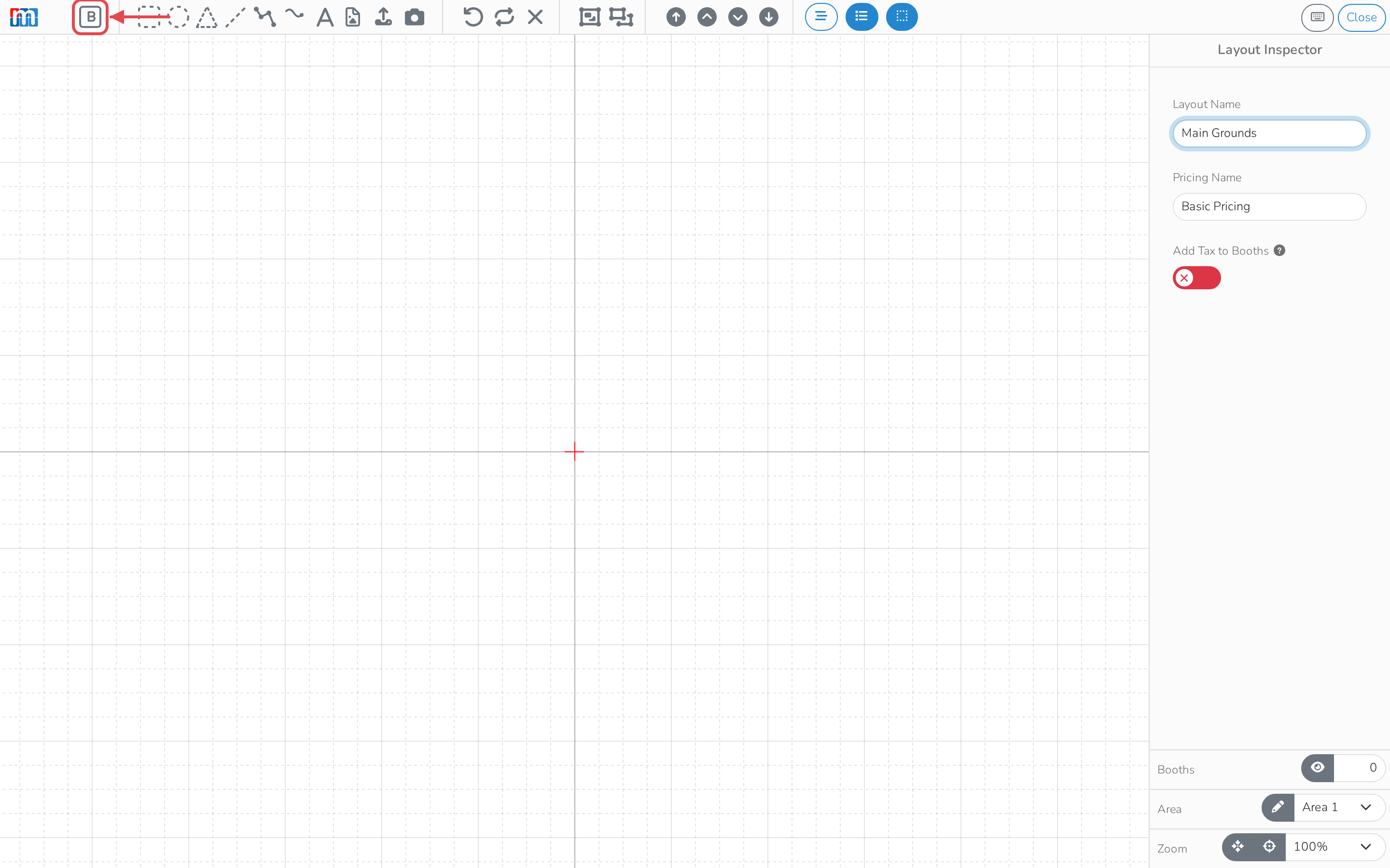 The layout editor, with the Add booth tool in the toolbar