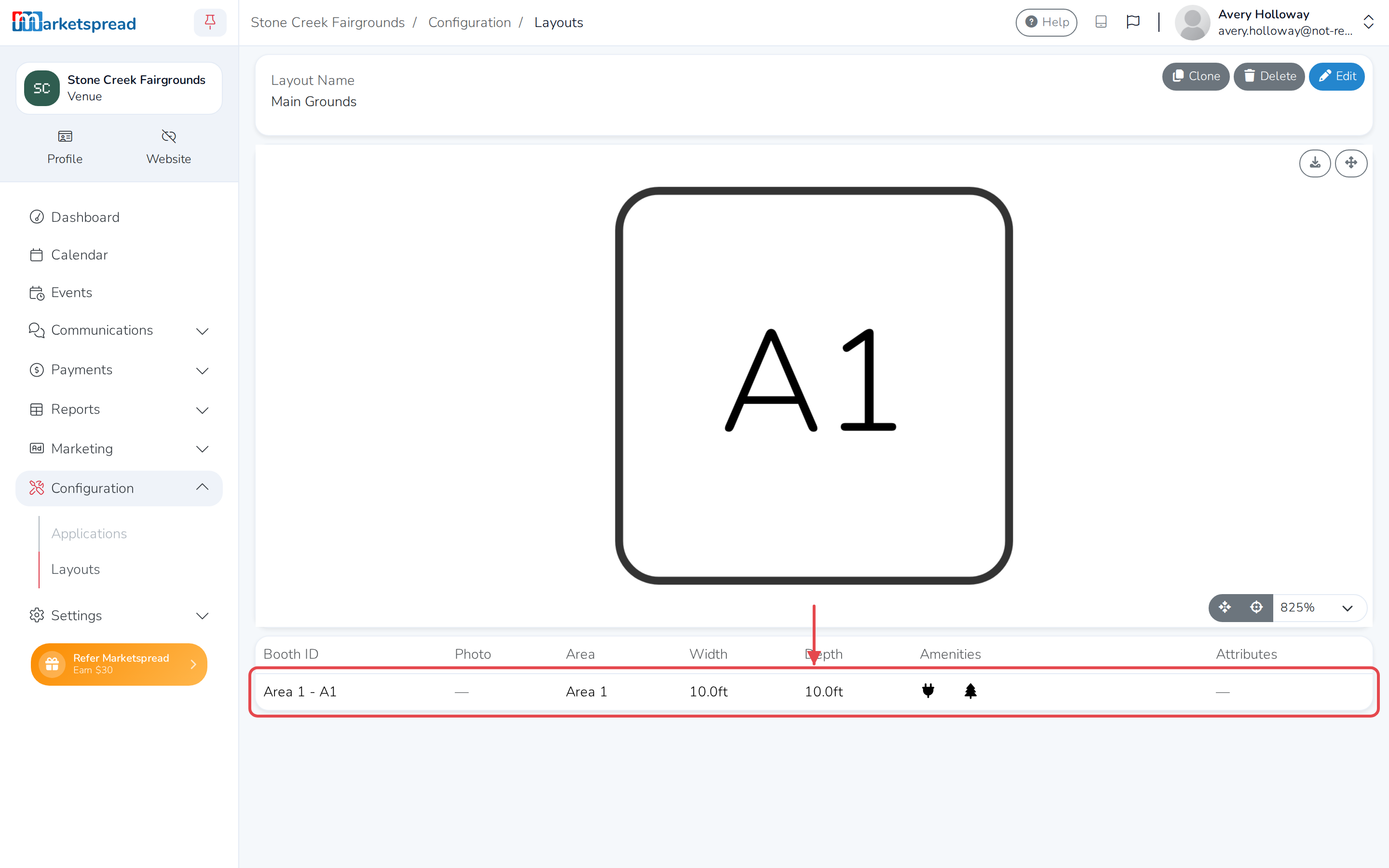 The saved layout, with the space listed below