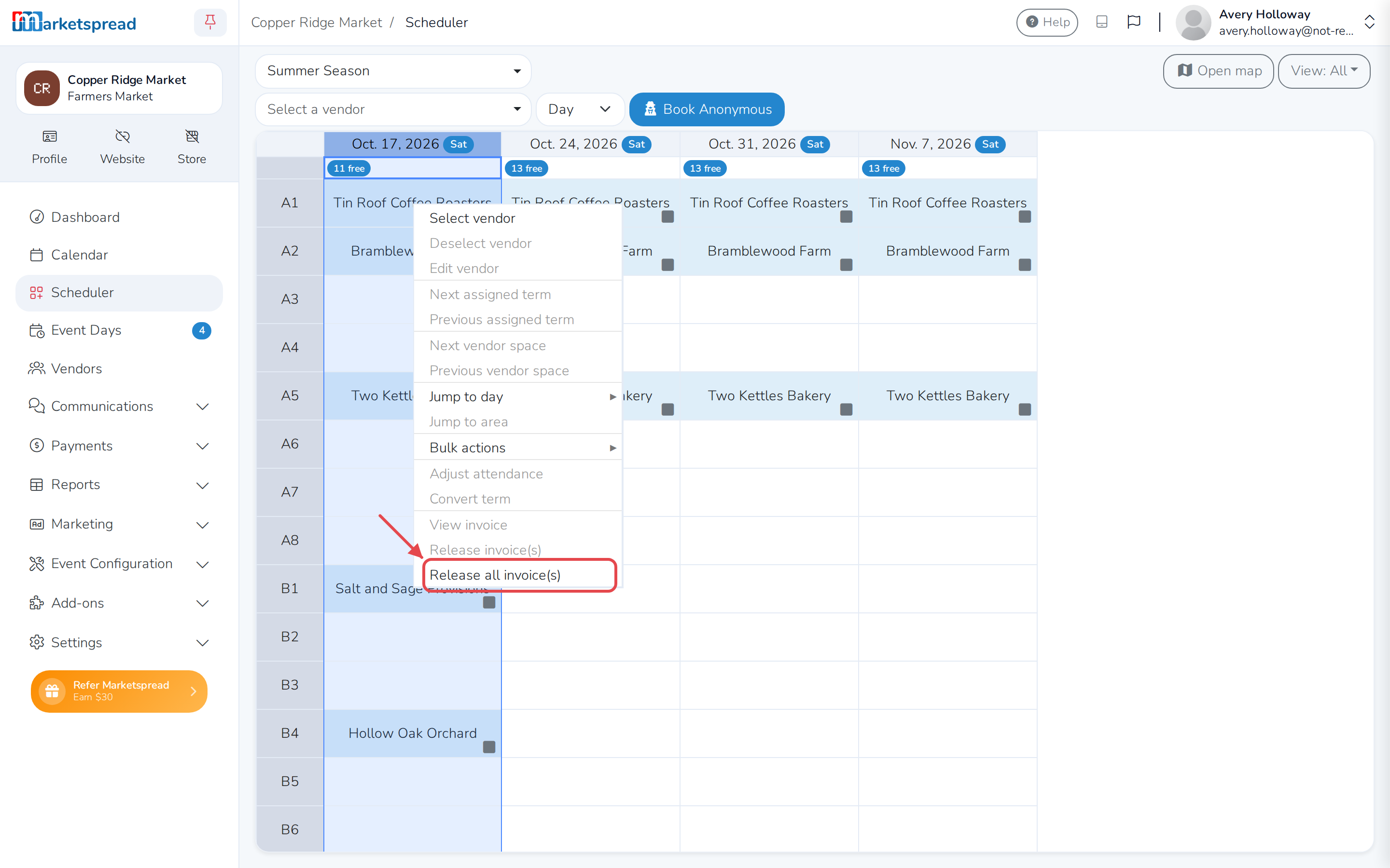 Right-clicking the selected day to release every invoice at once