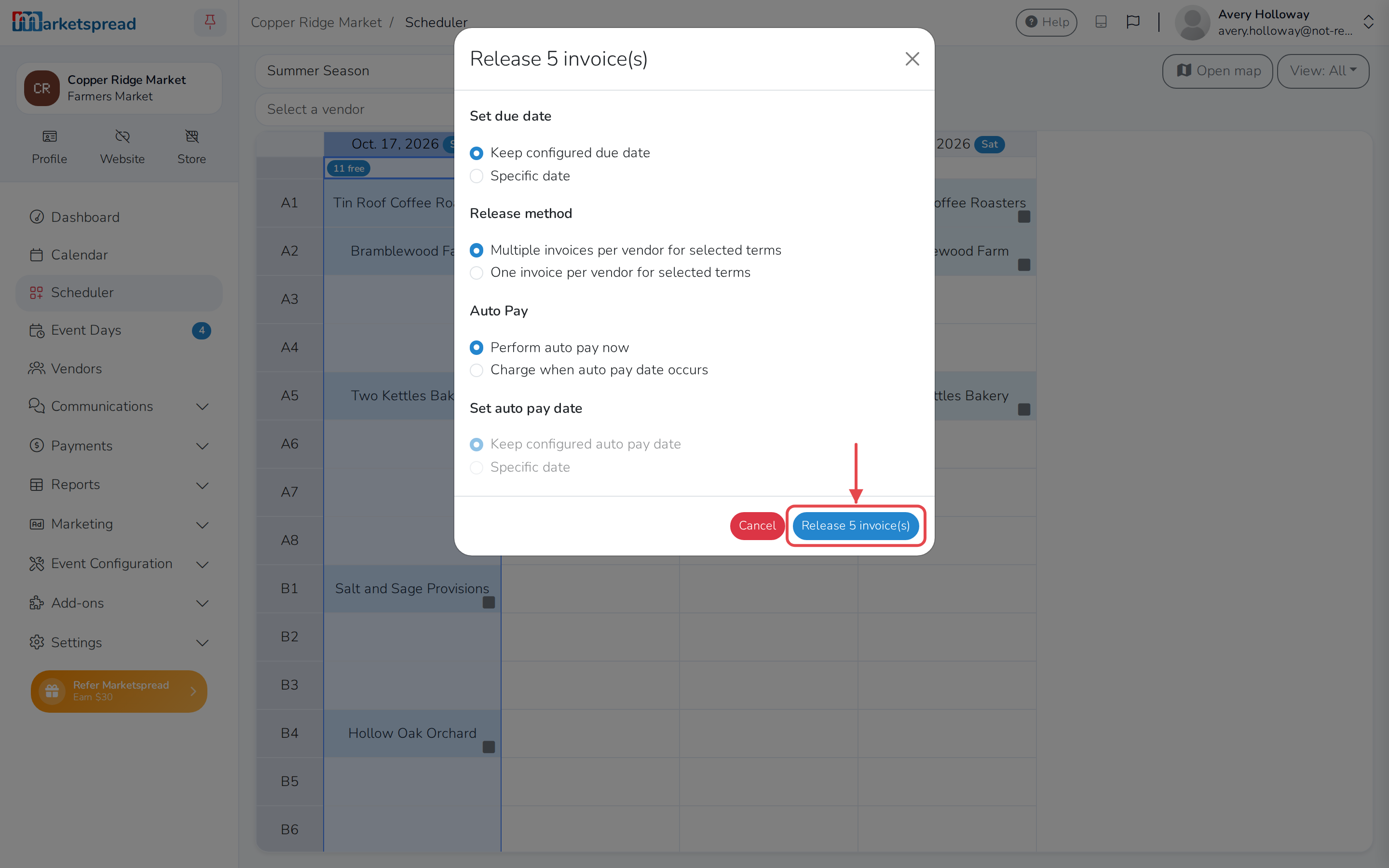 The release options — due date, release method and Auto Pay — with the button counting how many invoices are about to go out