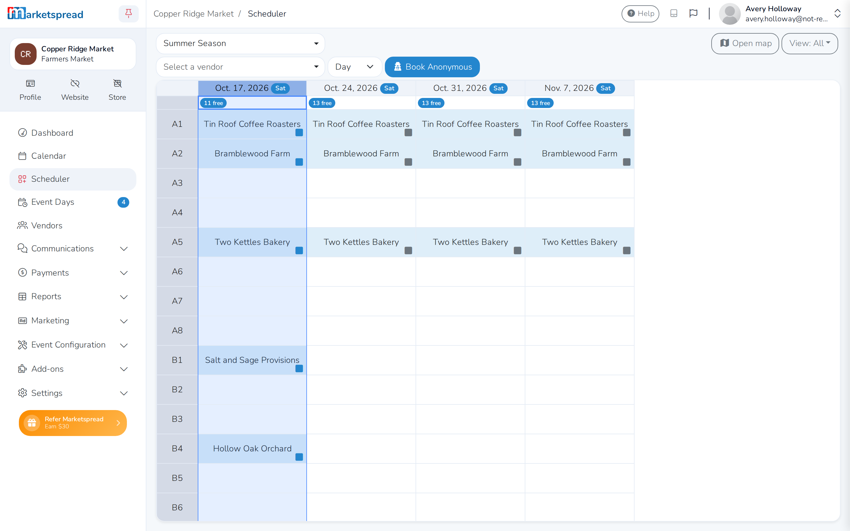 The same day's column, with every square now blue for sent but not yet paid