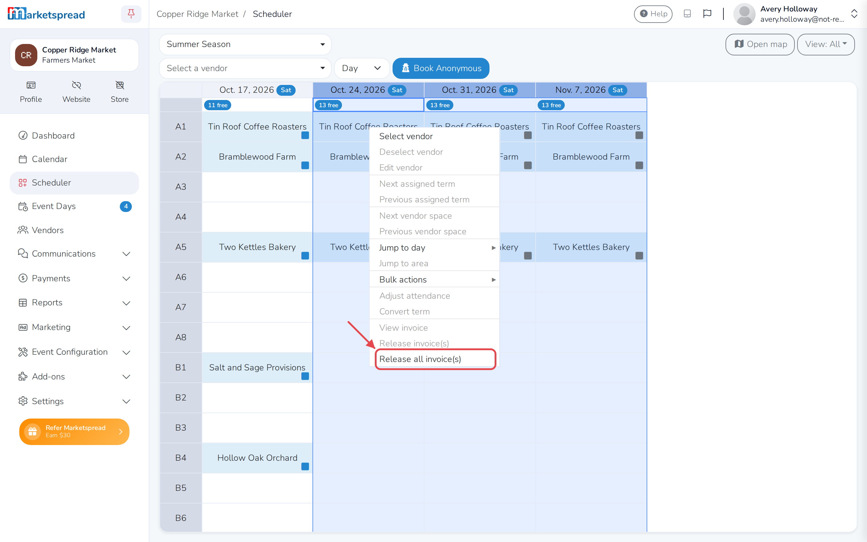 Several day columns selected, with Release all invoice(s) in the menu