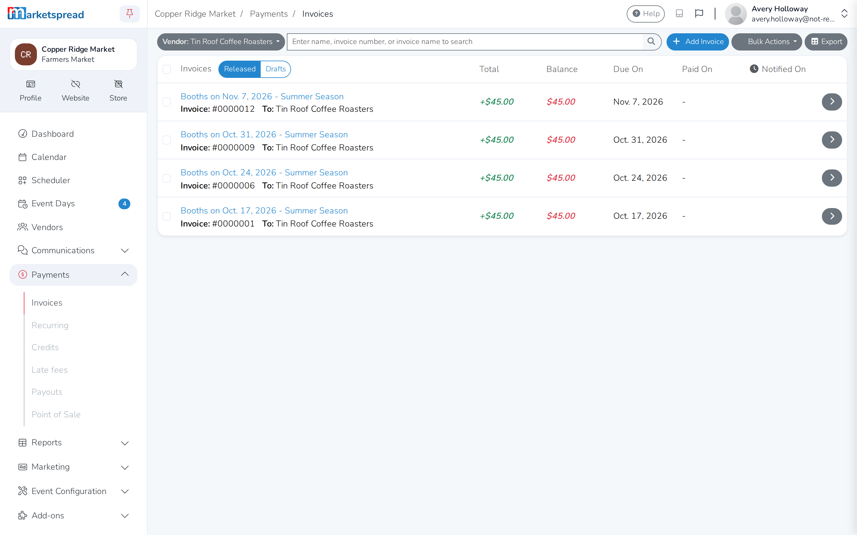 The vendor's Invoices list, with one invoice for each day released