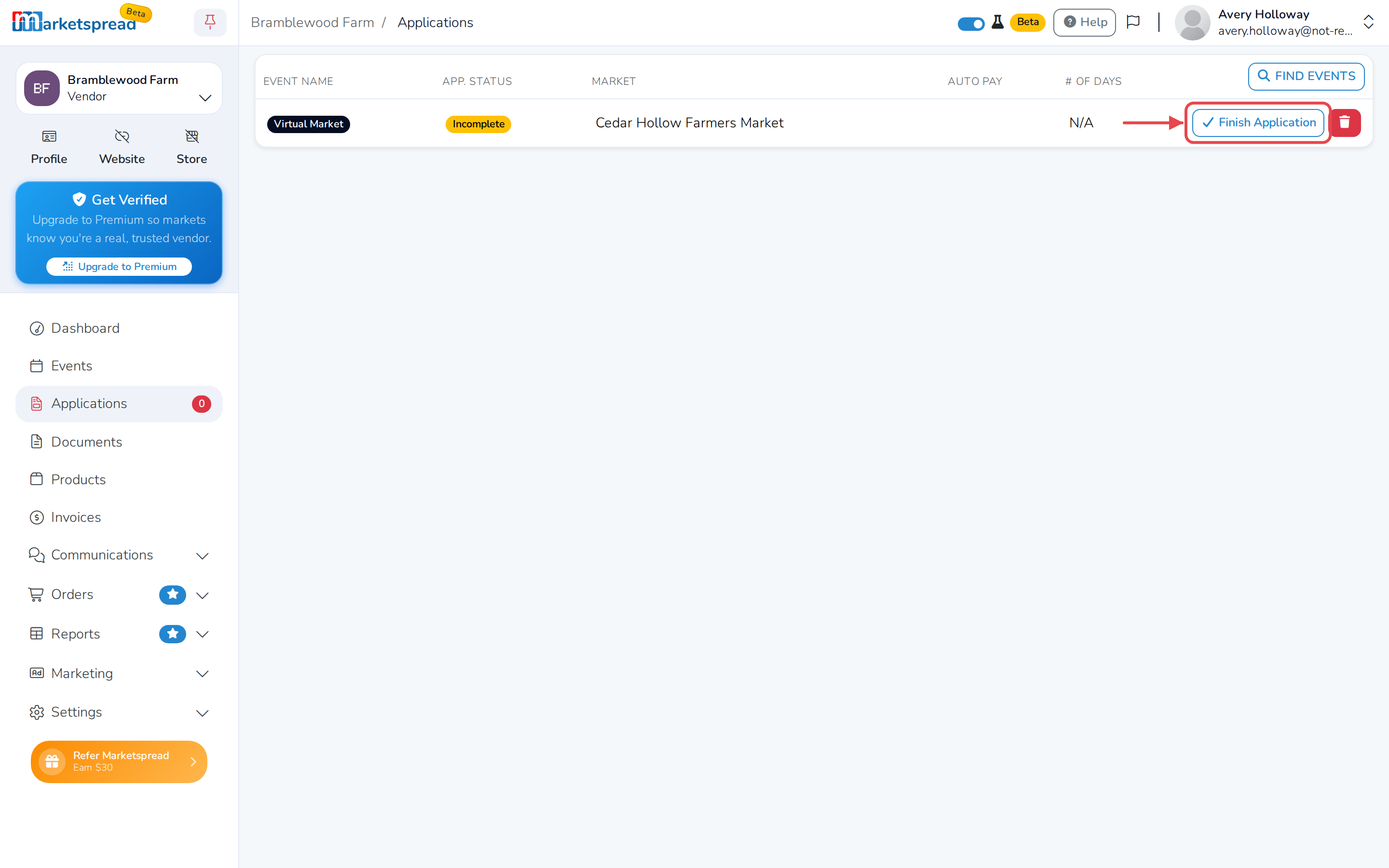 The Applications list, with the market marked Incomplete and its Finish Application button