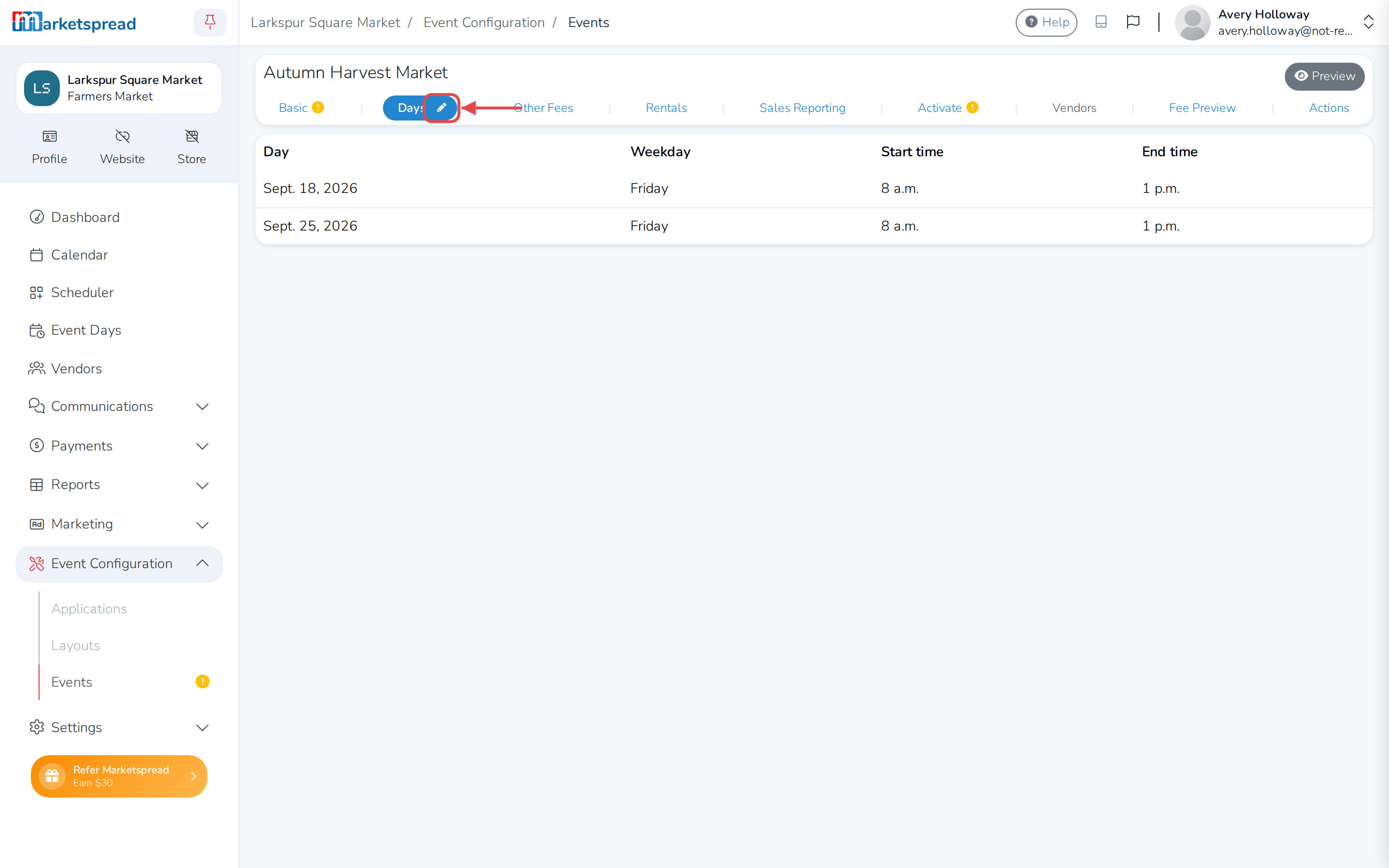 The event's Days tab, with the pencil that opens editing