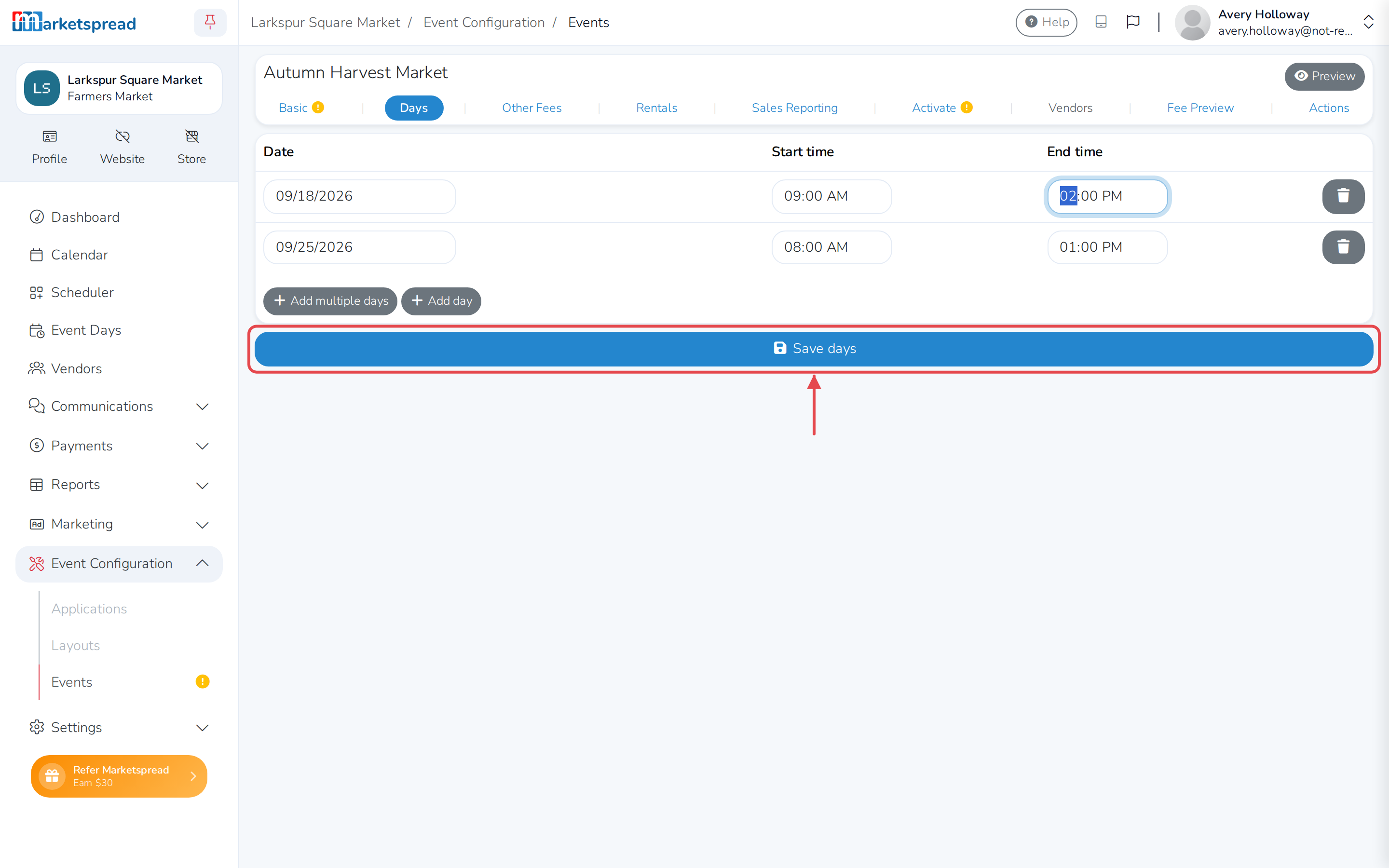 The first day's start and end time changed, with Save days ready