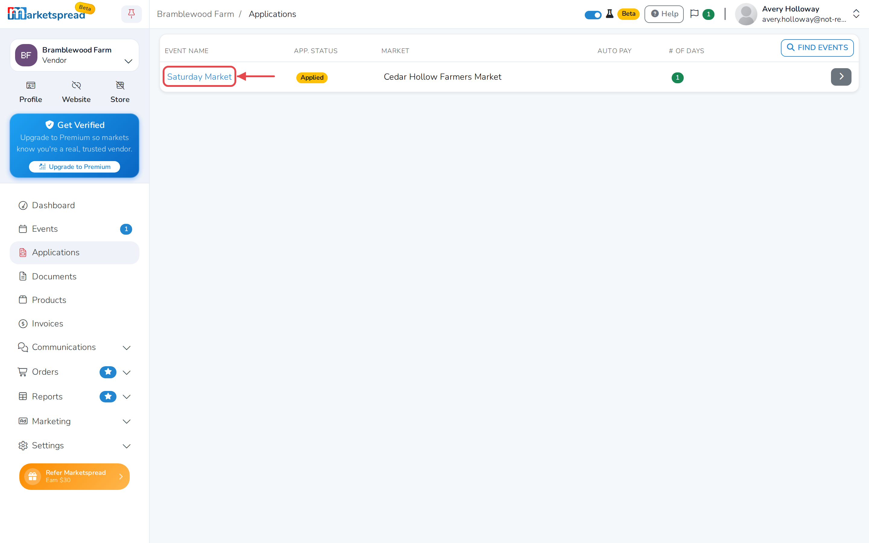 The Applications page, with Saturday Market listed