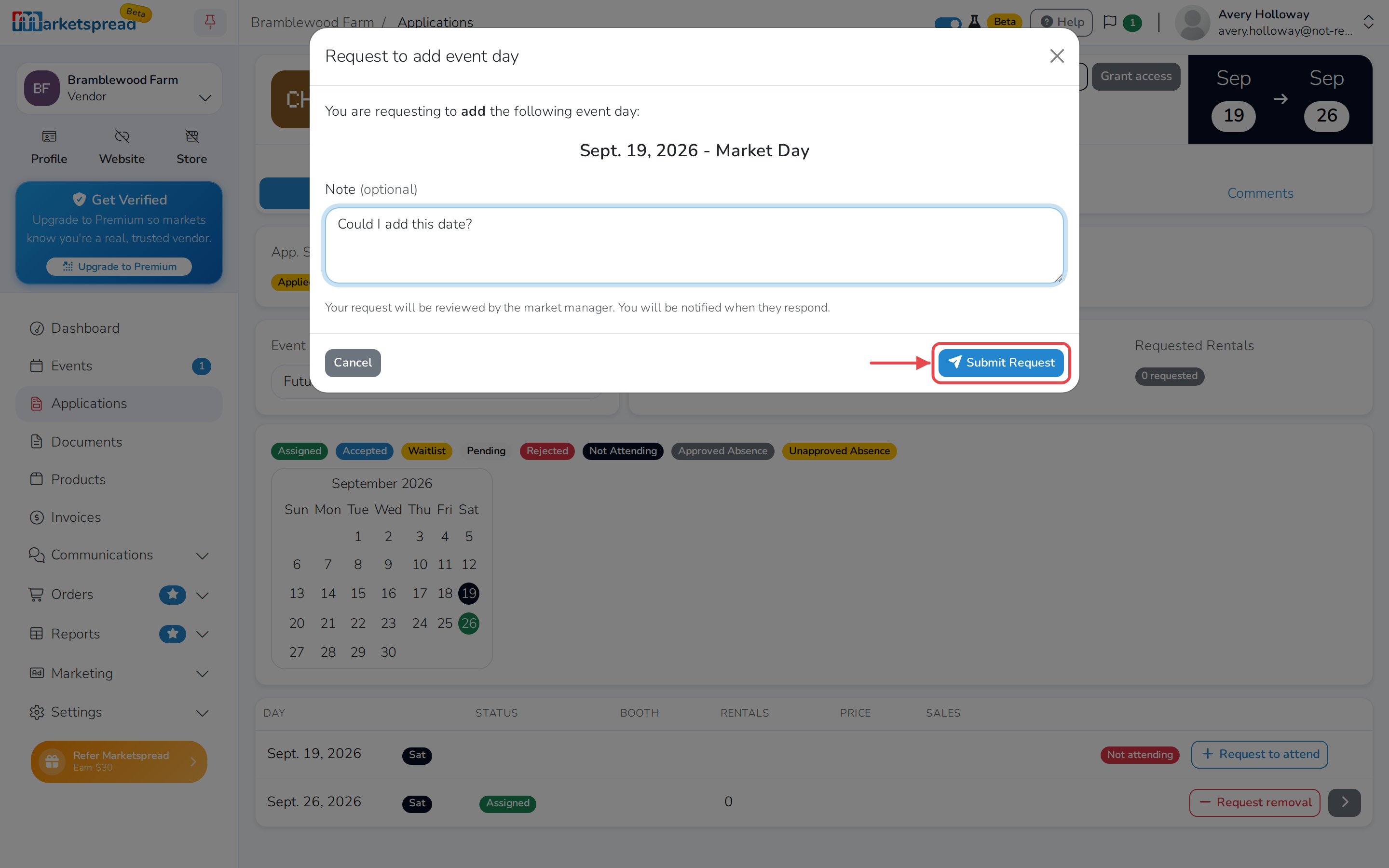The request form, with a note for the market manager and Submit Request
