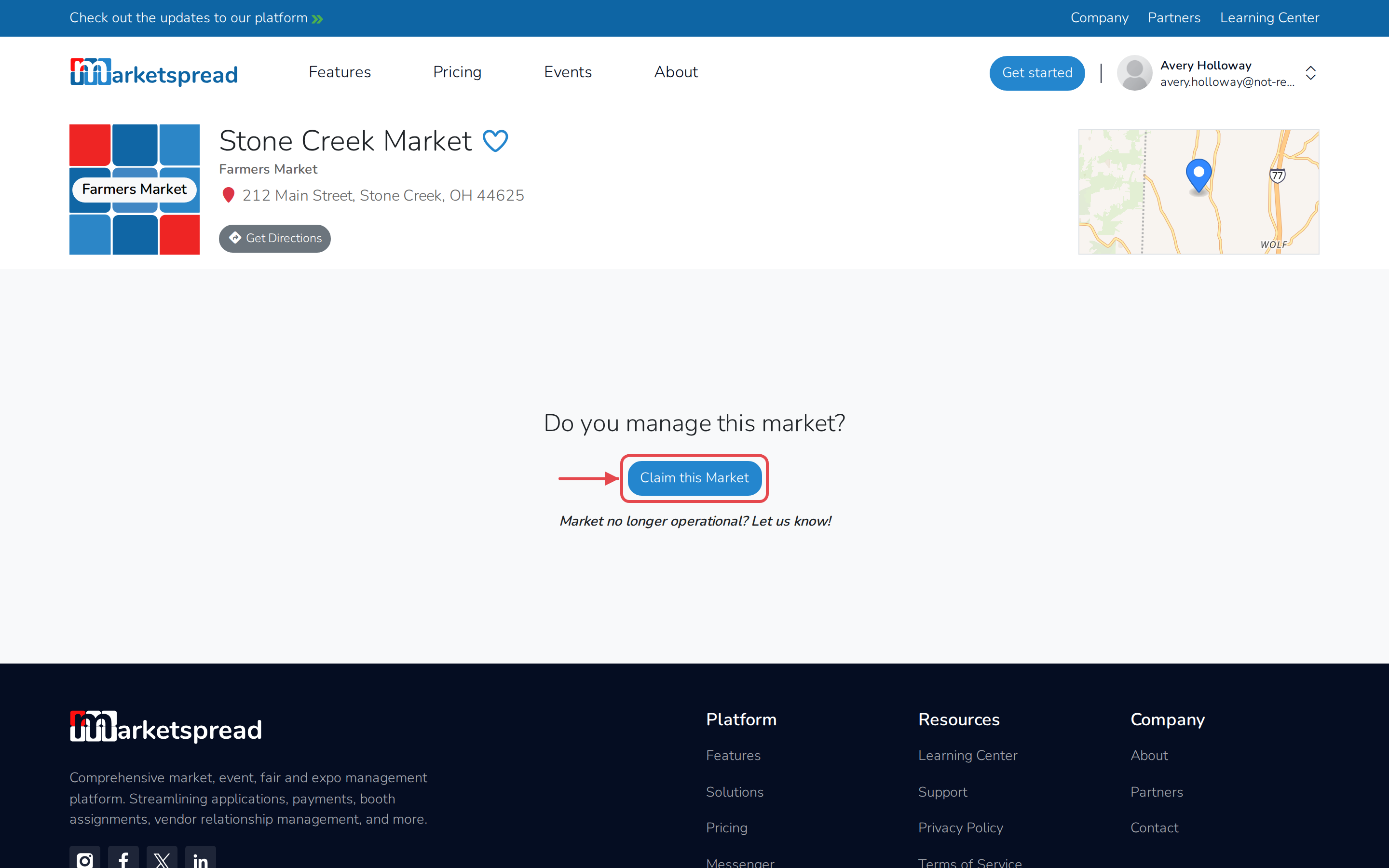 Stone Creek Market's page, unclaimed, with an arrow pointing to Claim this Market under Do you manage this market?