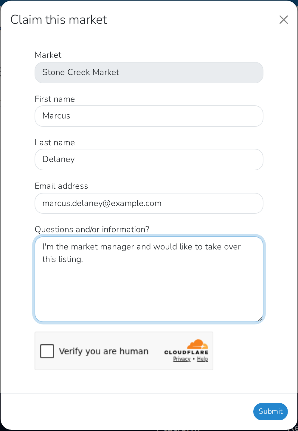 The claim form, filled in with a name, email address and a note, and ready to submit