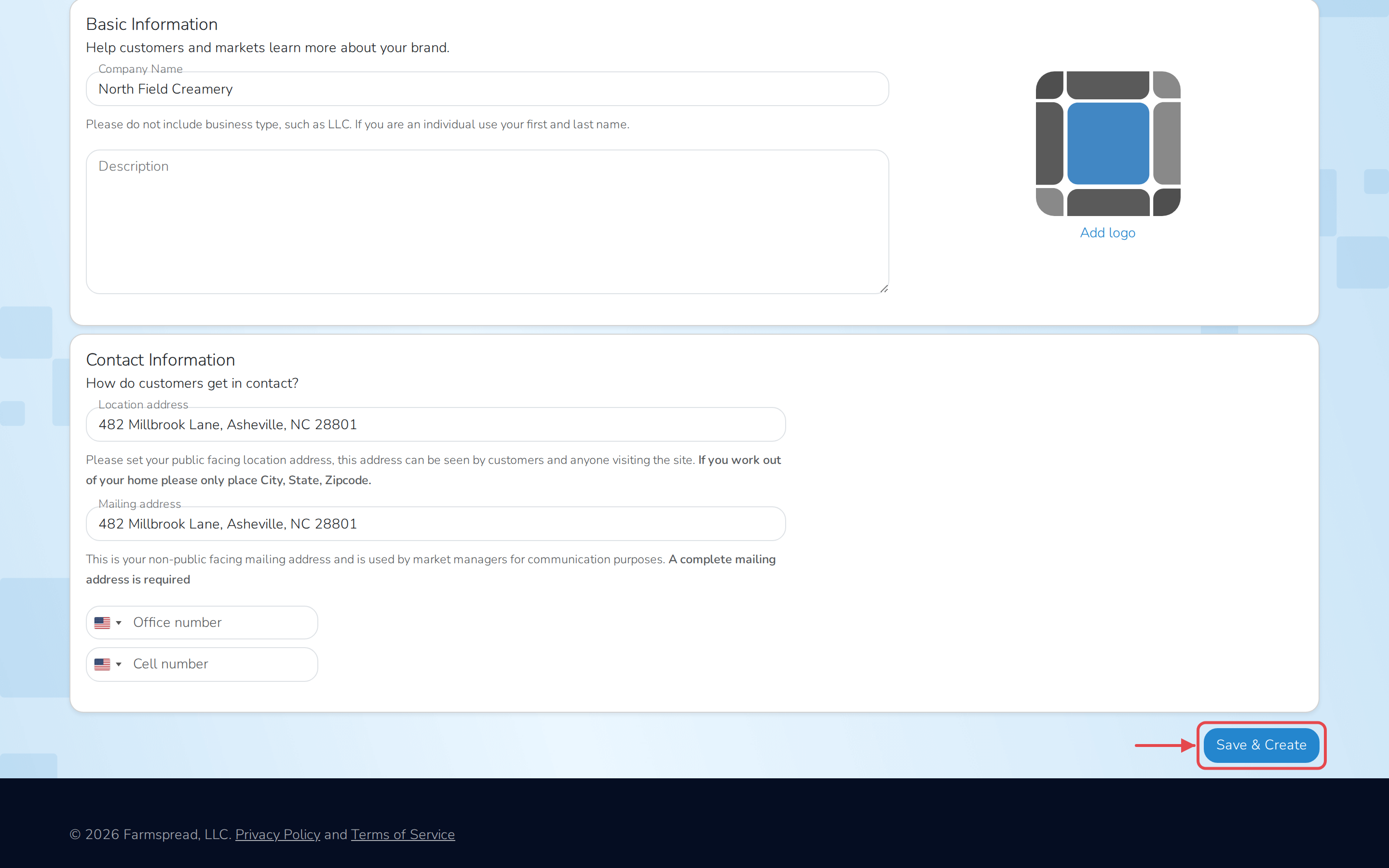 The vendor profile form, with the market's information already filled in and Save & Create highlighted