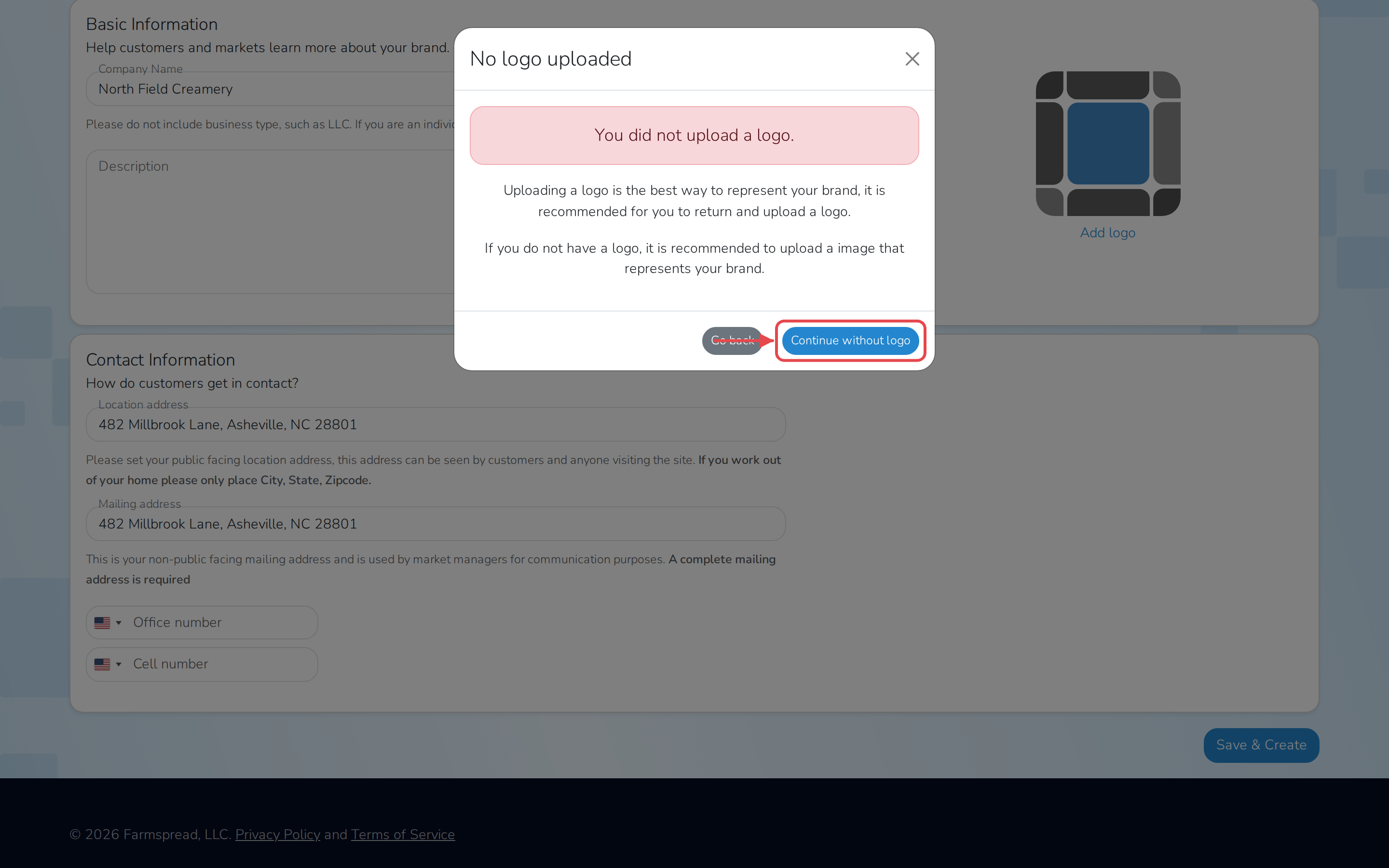 The confirmation shown for saving without a logo, with Continue without logo highlighted