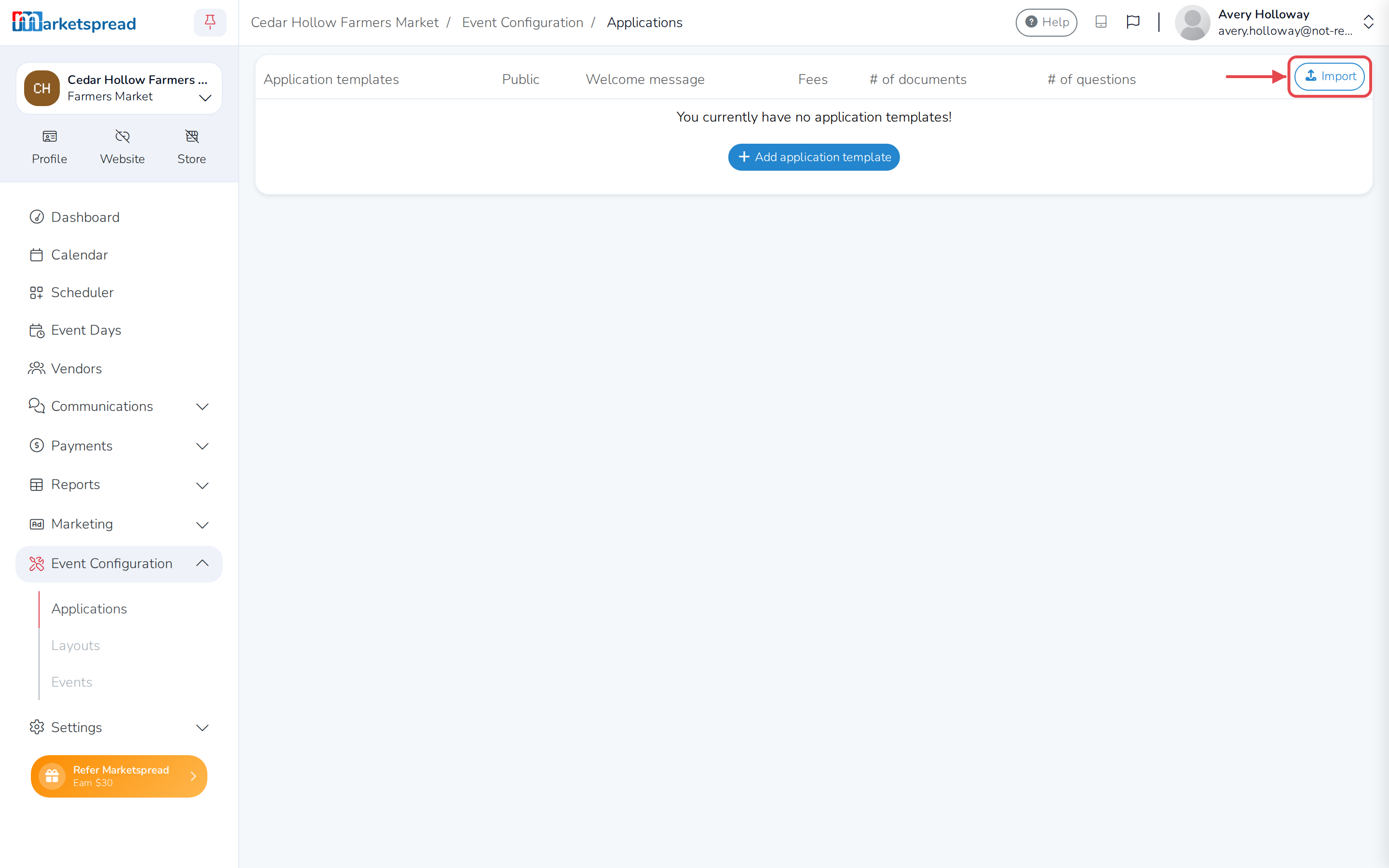 The Applications page, with Import above the Application templates list