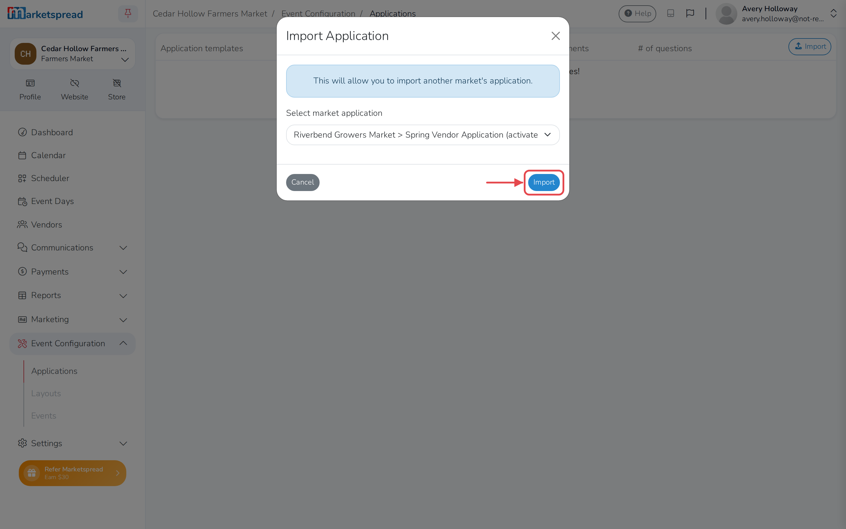 The Import Application dialog, with the other market’s application chosen