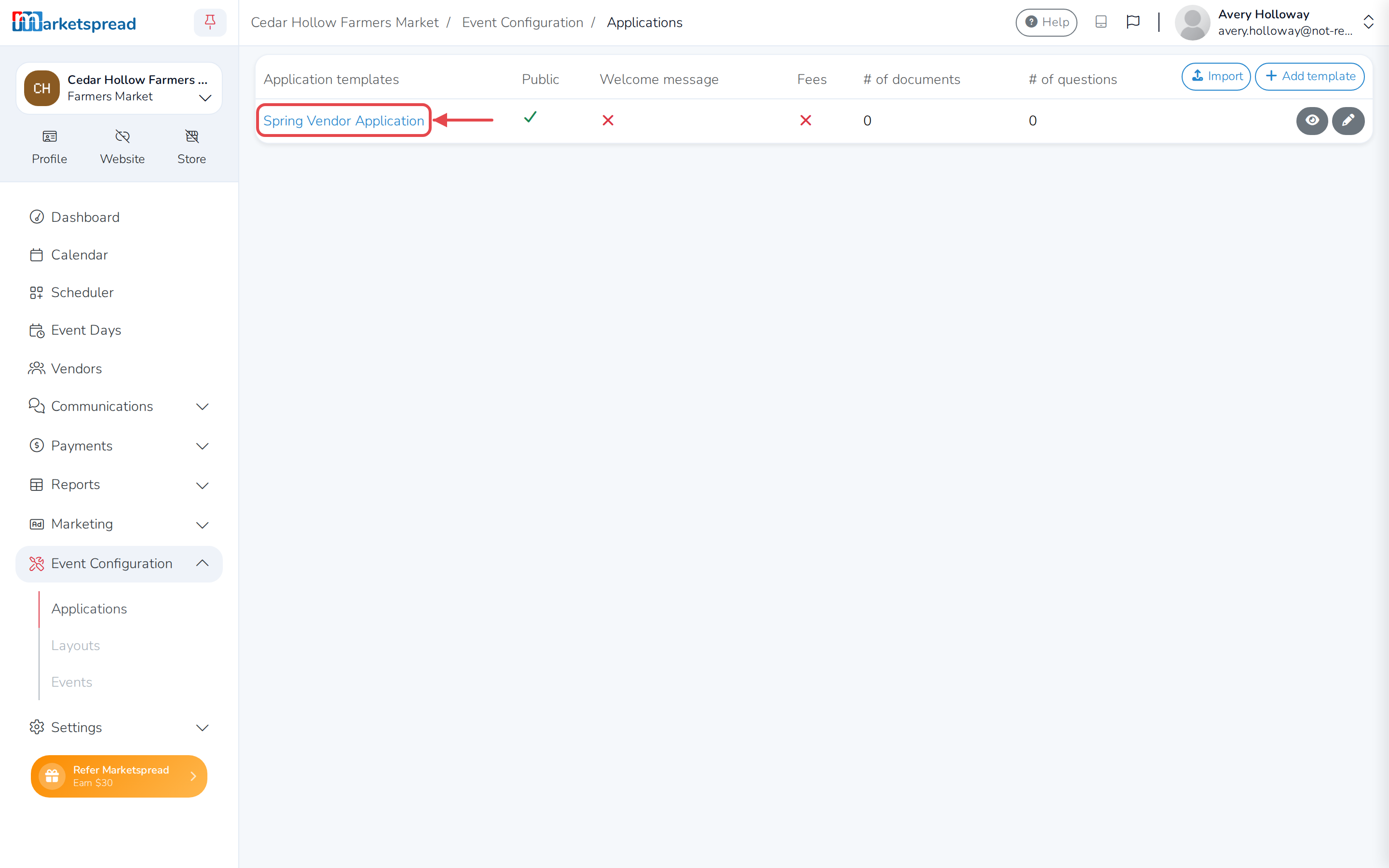 The imported application in the Application templates list, ready to edit