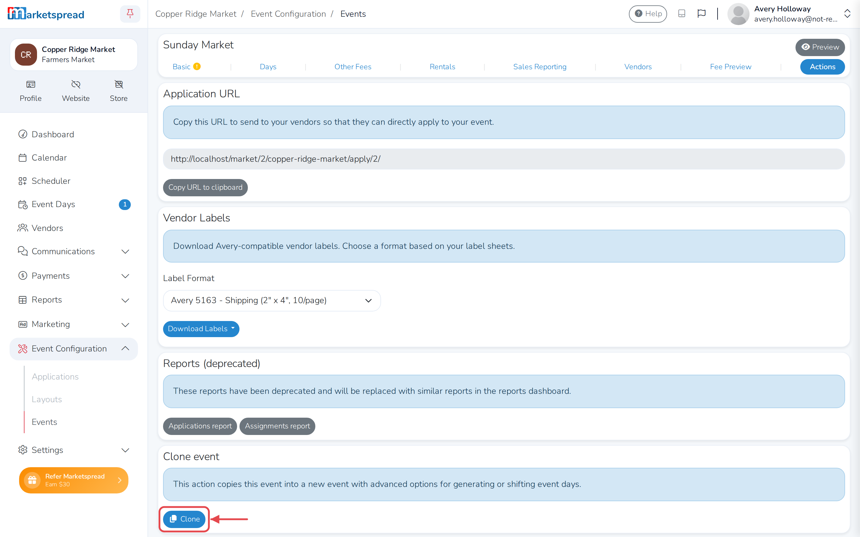 The Actions tab, with Clone under Clone event