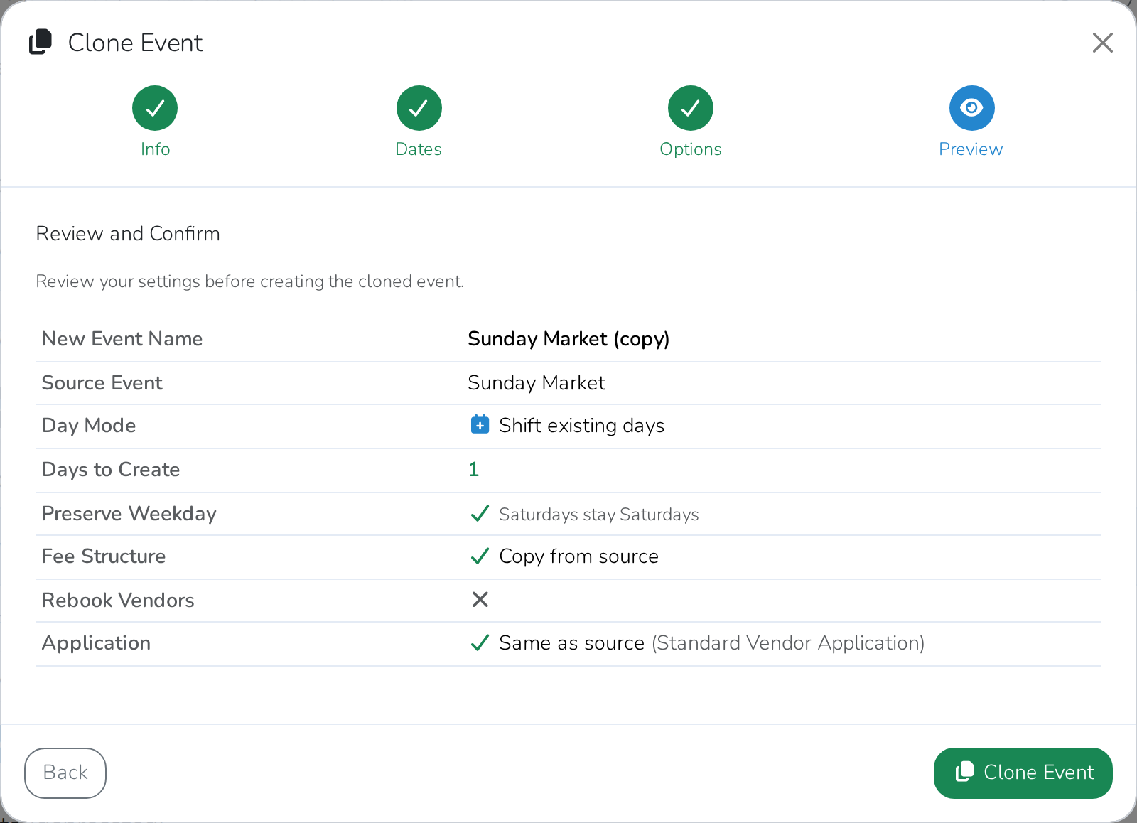 The Preview step, reviewing the settings before clicking Clone Event