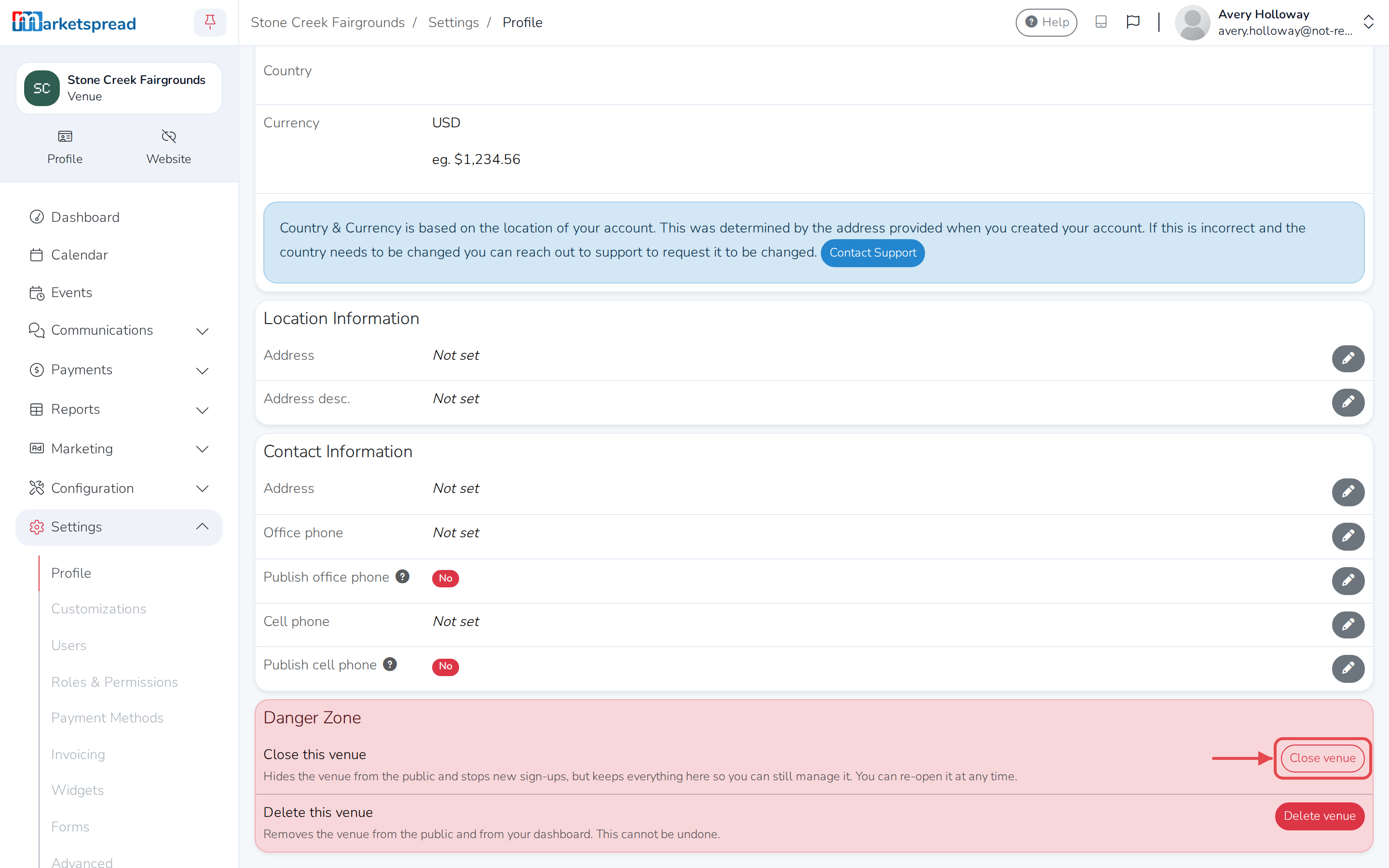 The Danger Zone card on Settings > Profile, with Close venue and Delete venue
