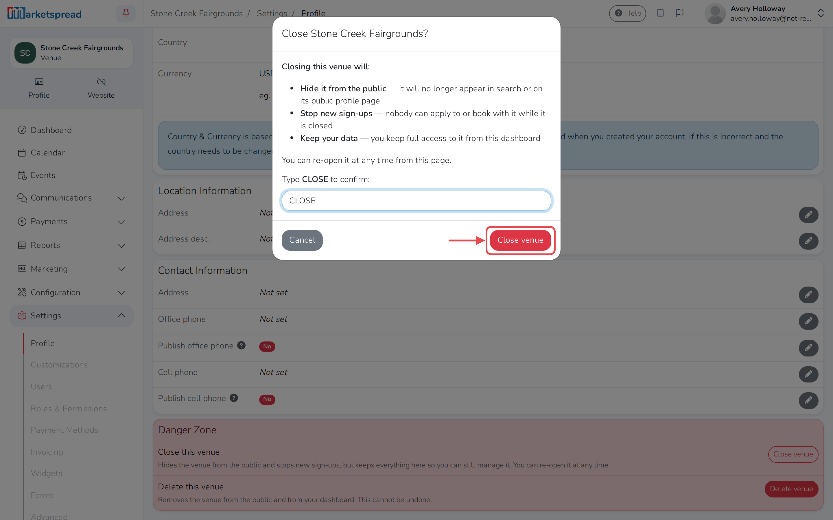 The Close venue confirmation, with CLOSE typed in to confirm