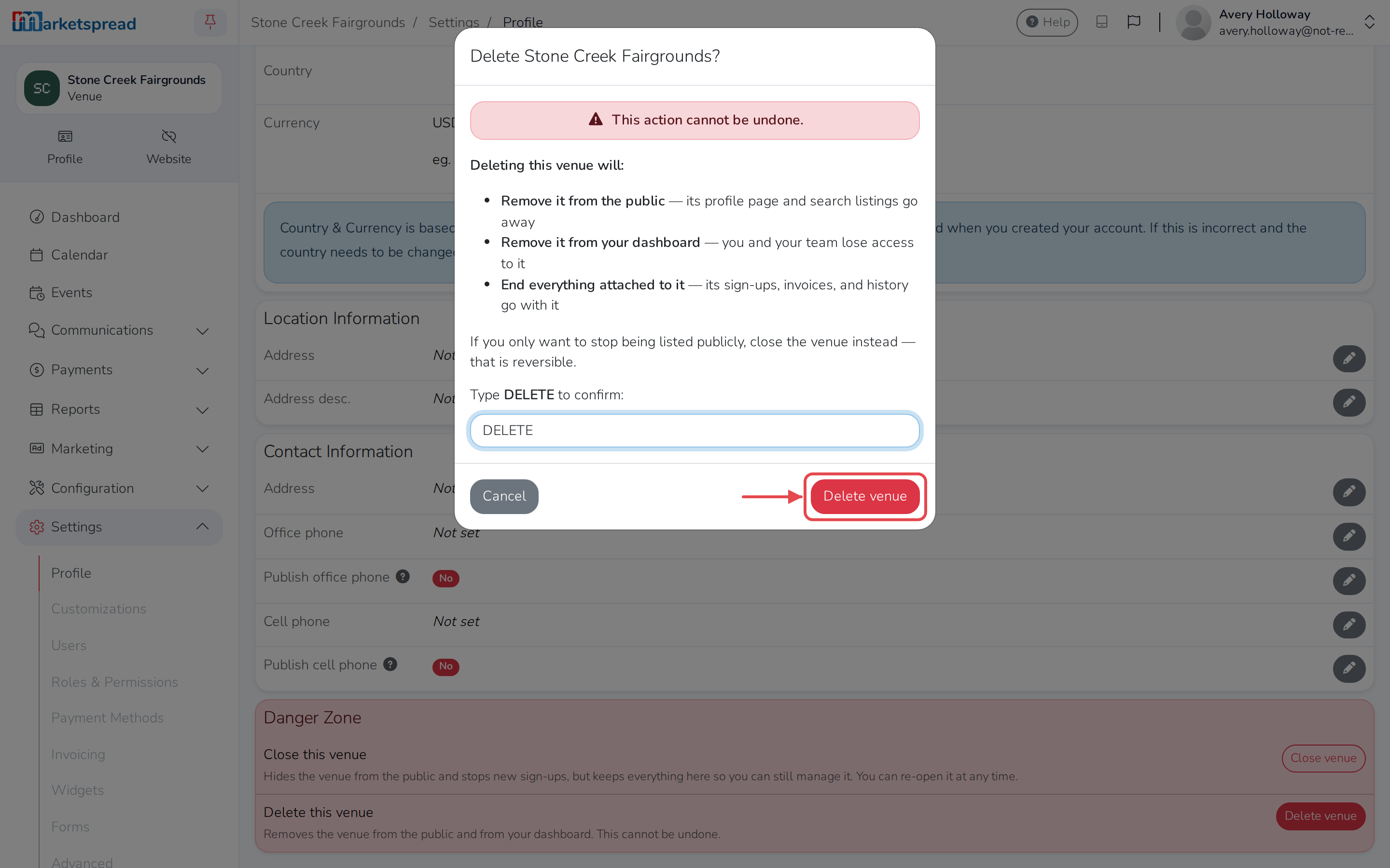 The Delete venue confirmation, with DELETE typed in to confirm