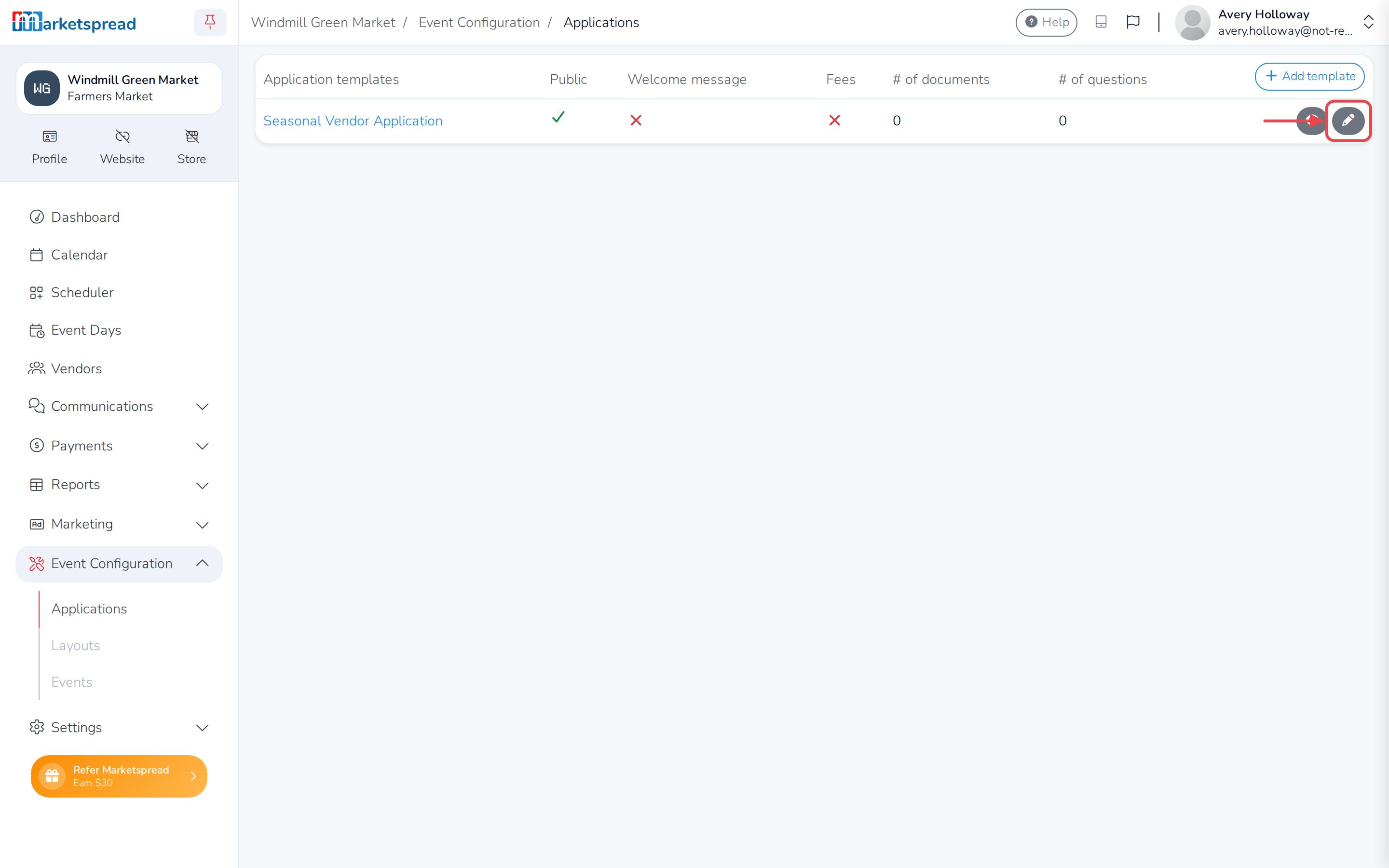 The Applications list, with Edit open on the application template to configure