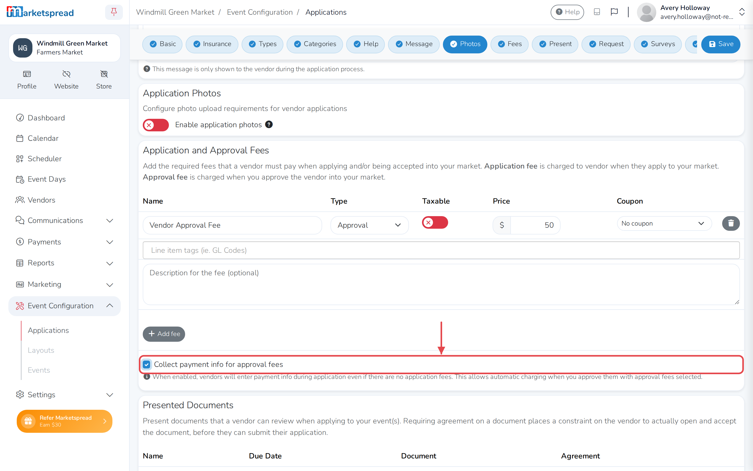 Collect payment info for approval fees, turned on so vendors enter payment info during application
