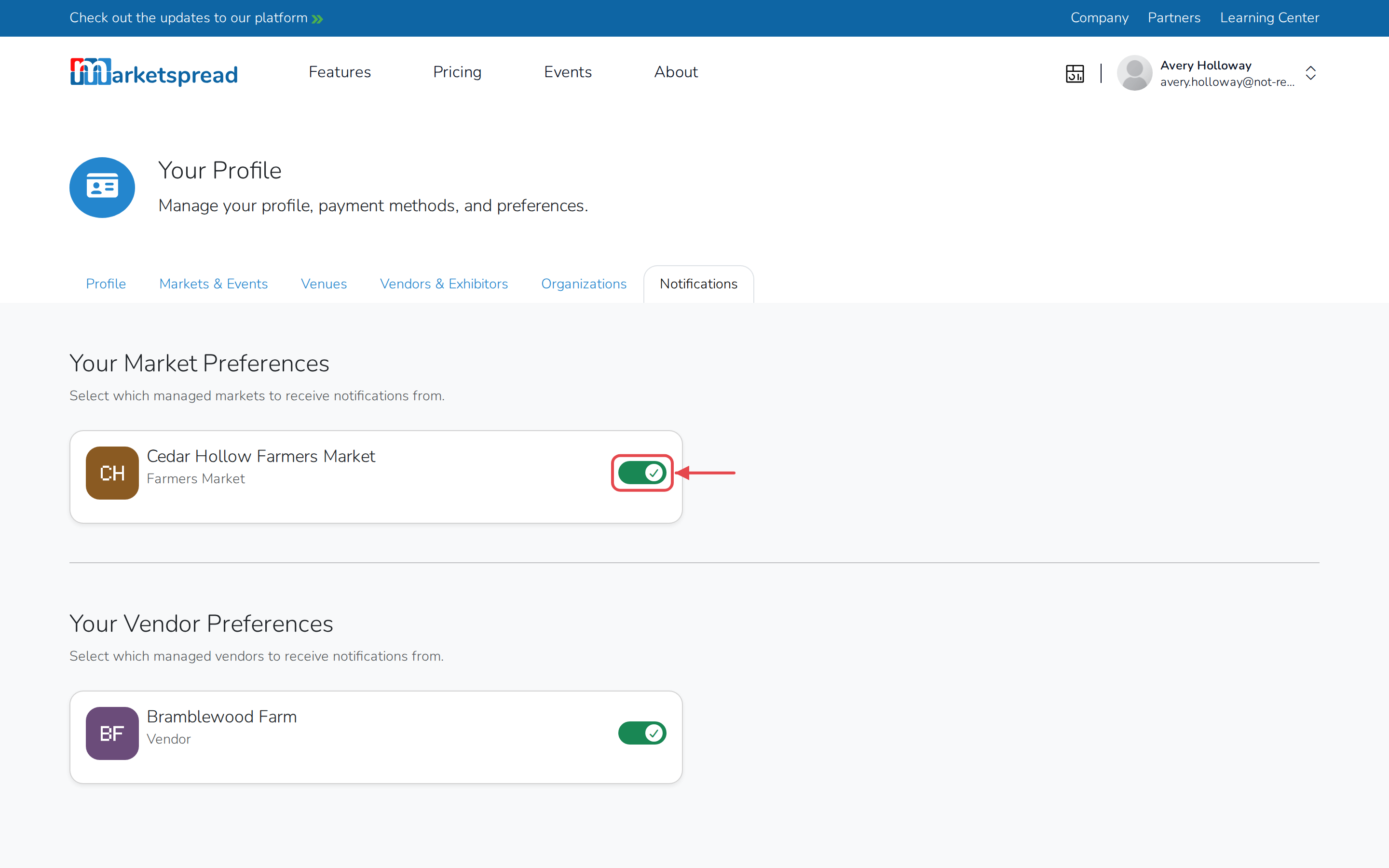 The Notifications tab, with the switch for a managed market