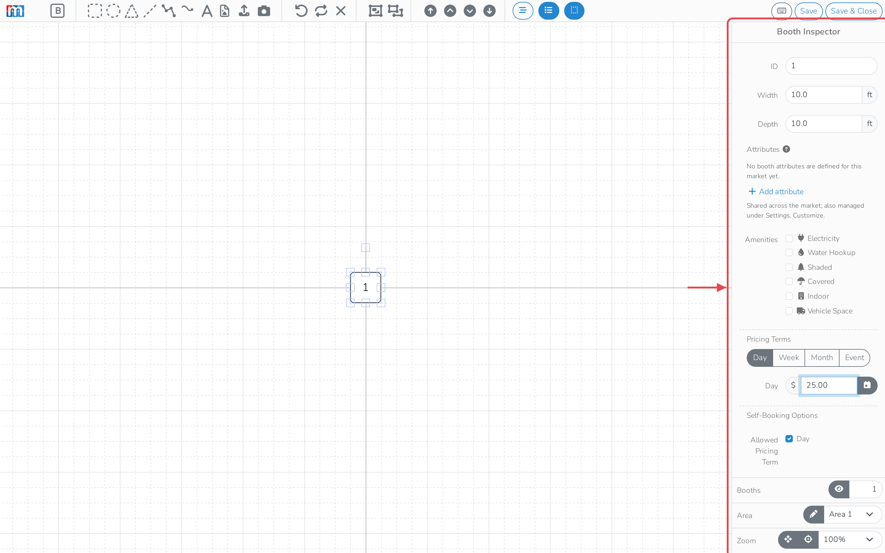 The booth inspector on the layout canvas, with Pricing Terms open and the Day price box filled in