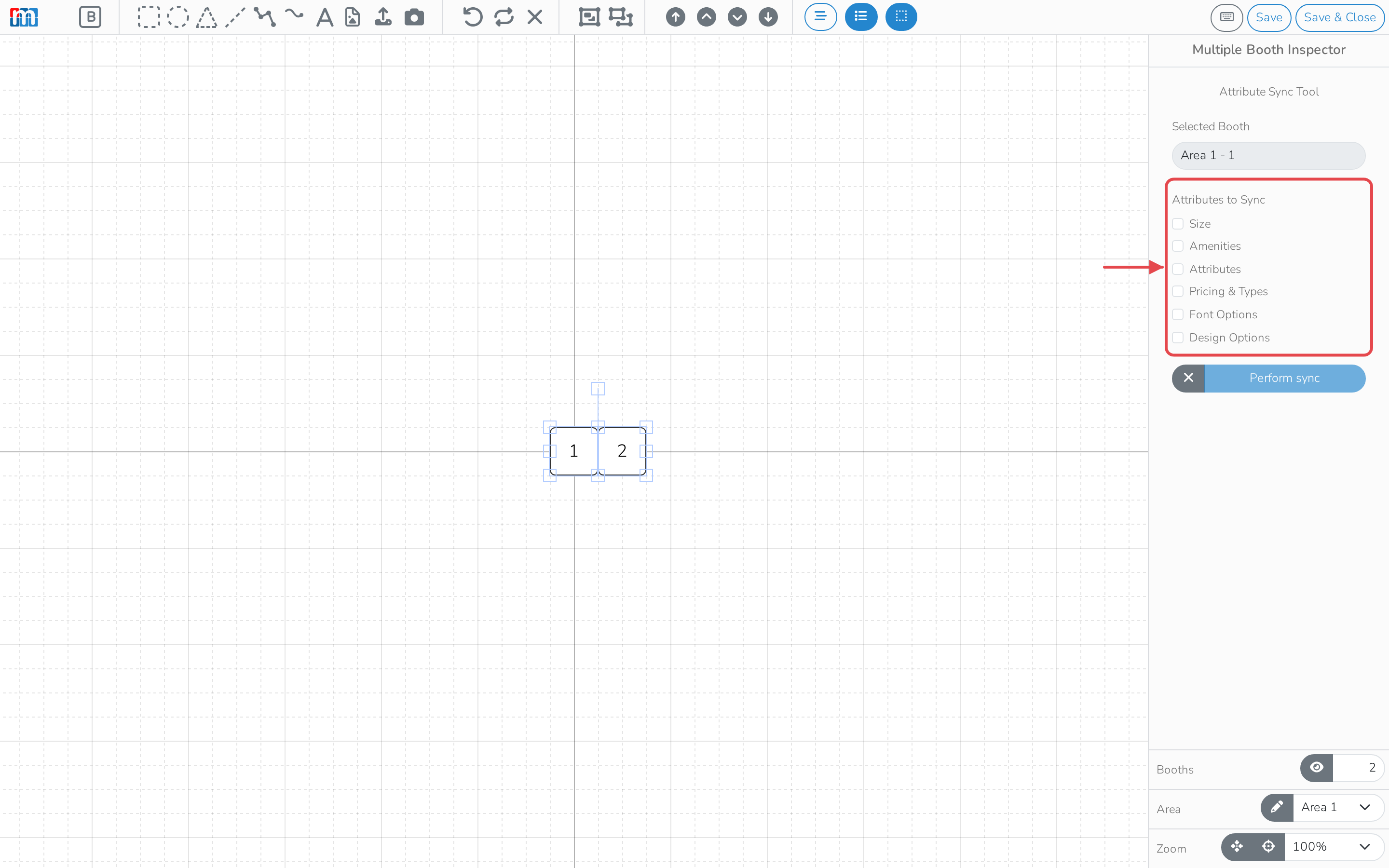 Sync attributes, with the checklist of what to copy from the selected booth