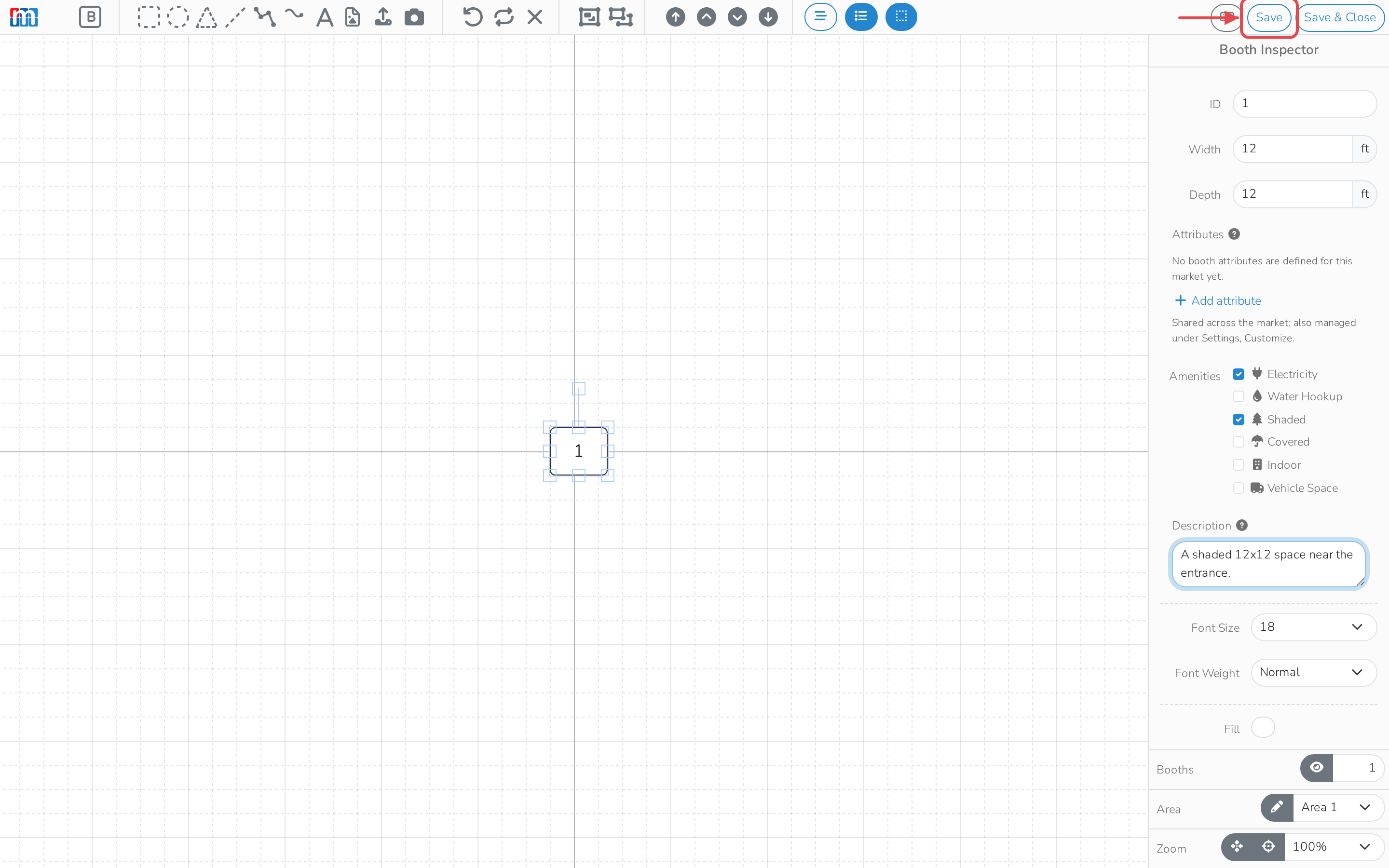 The layout editor's Booth Inspector, with a new space's width, depth and amenities filled in