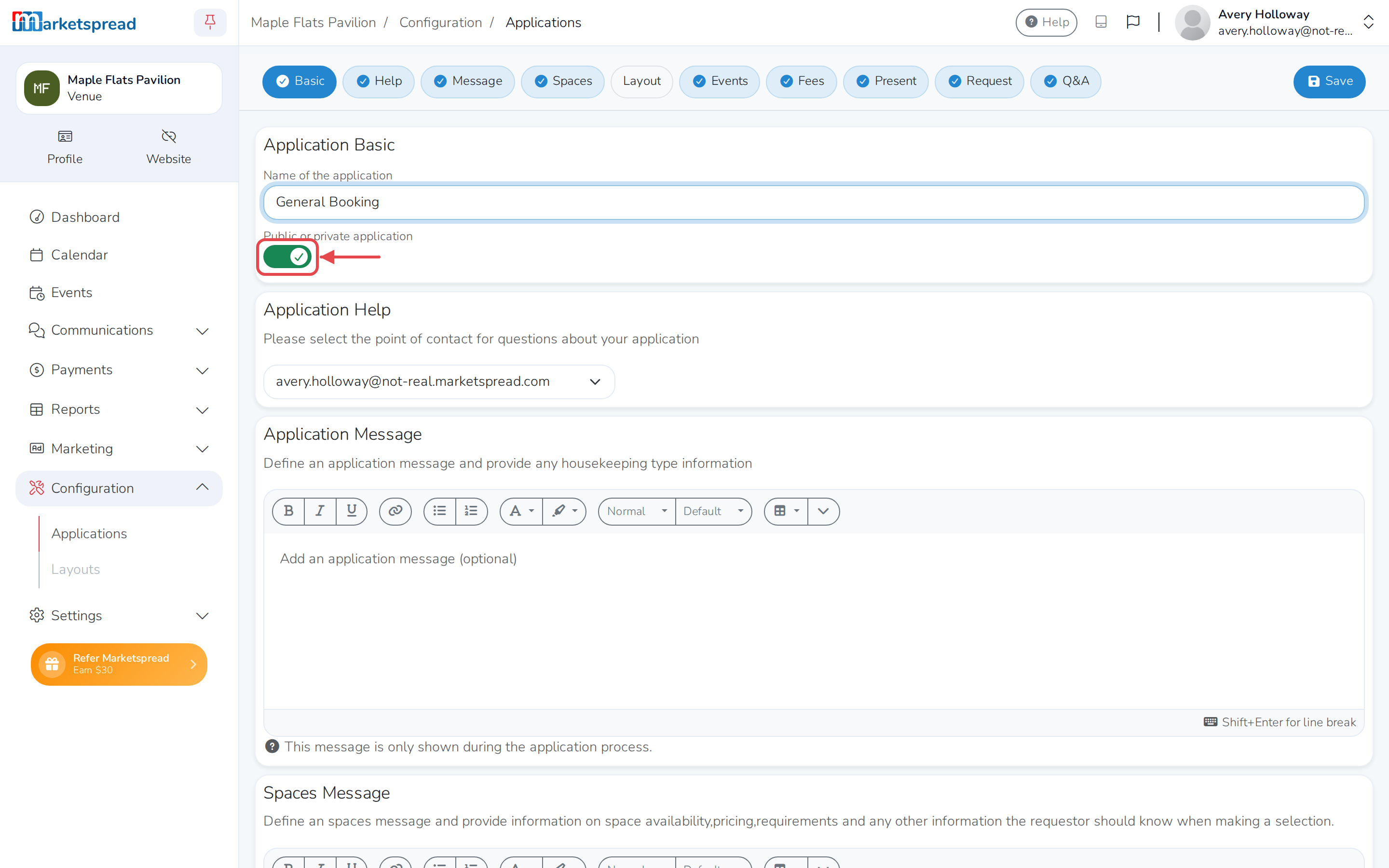 The Application Basic section, with a name filled in and the application public by default