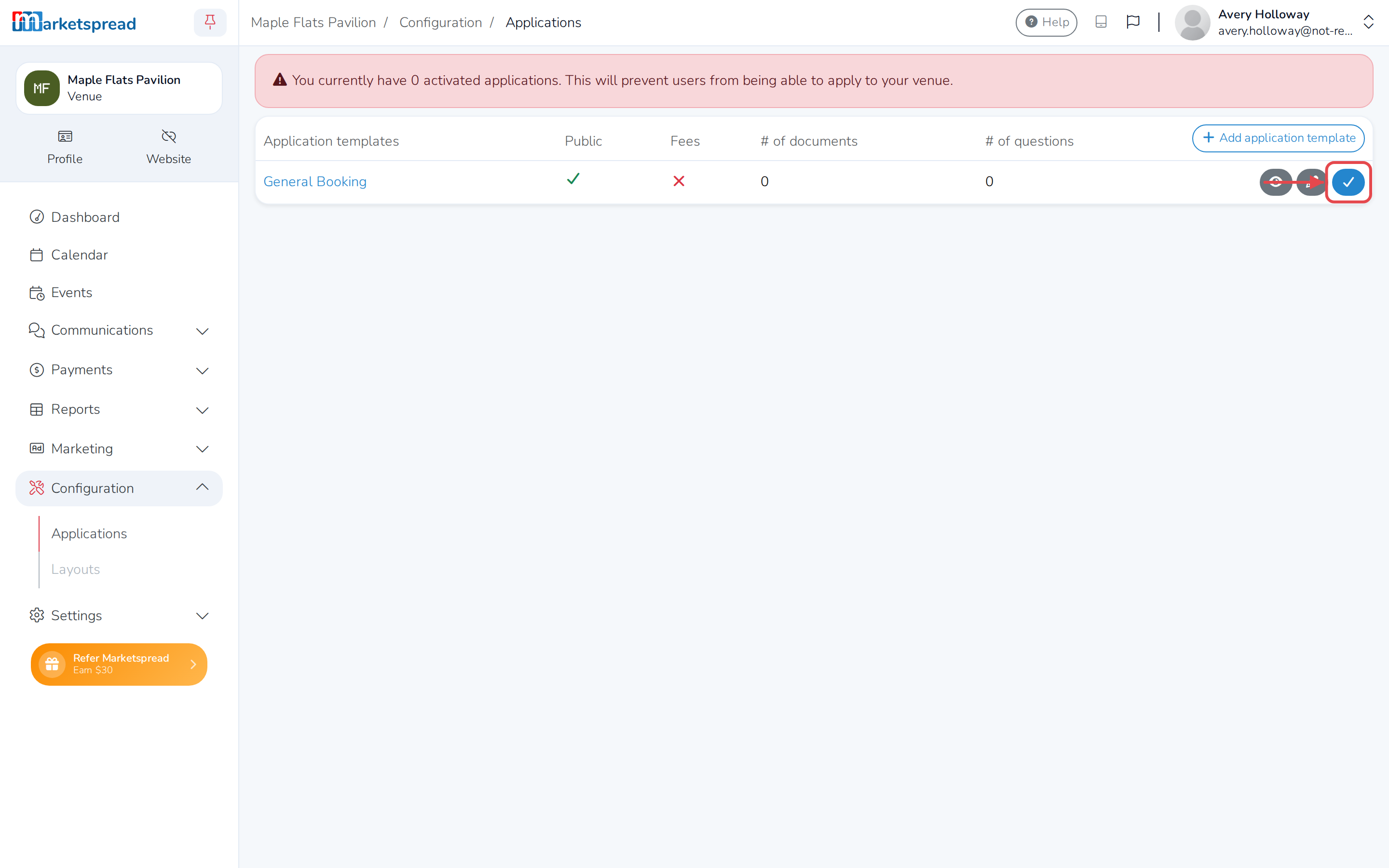 The Applications page, with the new application template and its Activate button