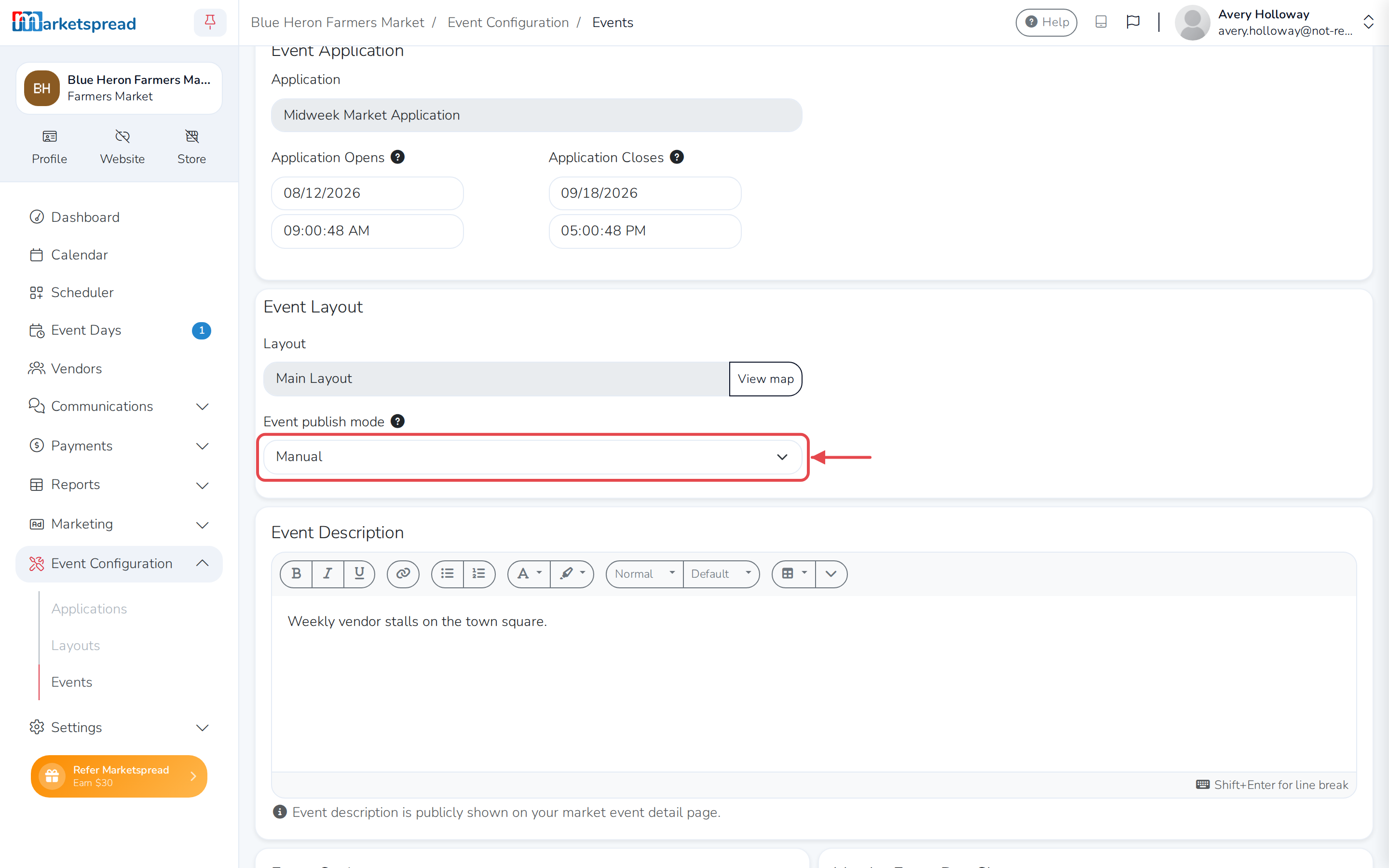 Event publish mode set to Manual, under Event Layout